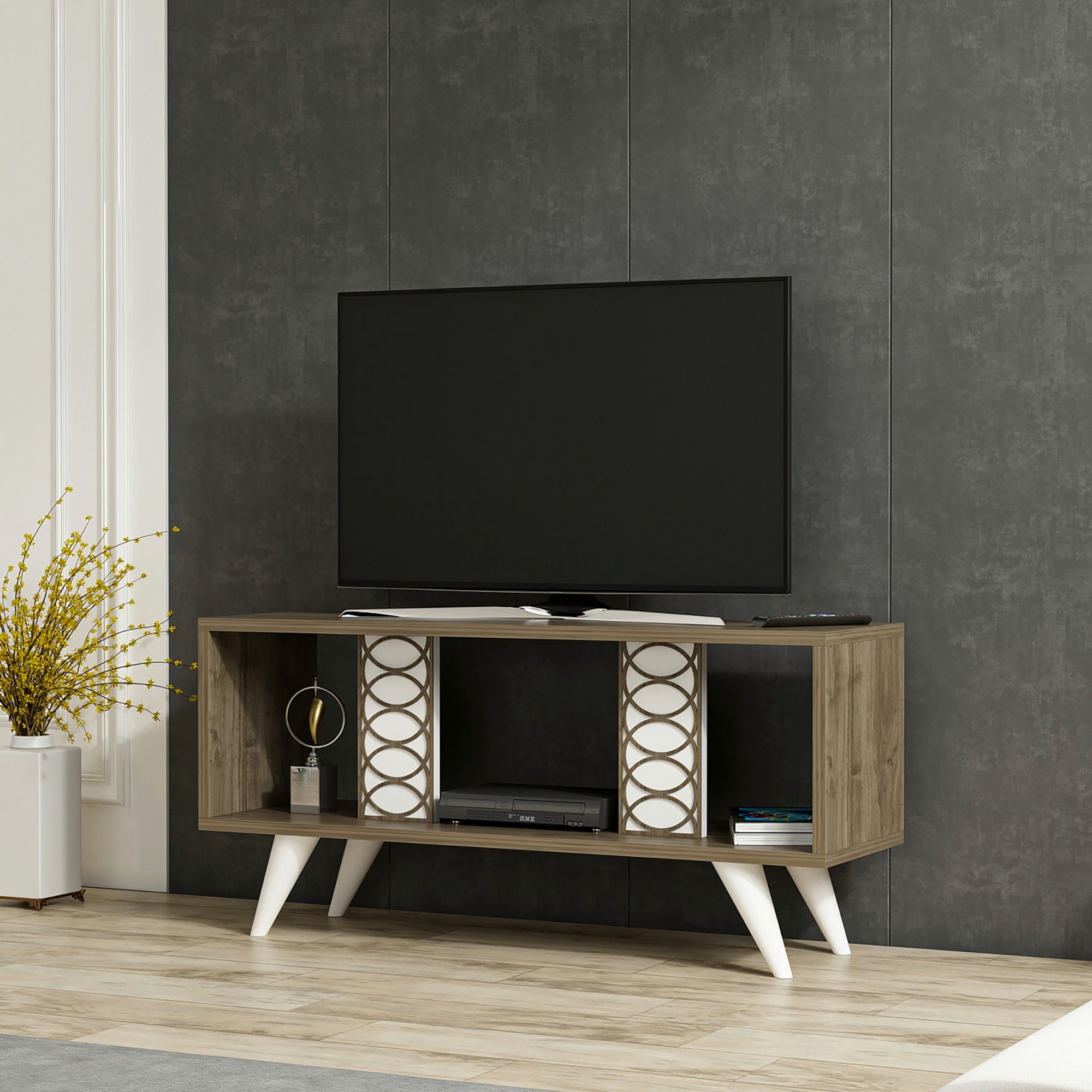 en.casa TV-Schrank »Ockelbo« Lowboard 45 x 90 x 30 cm Fernsehtisch mit zwei  Schranktüren TV-Board Weiß / Walnuss