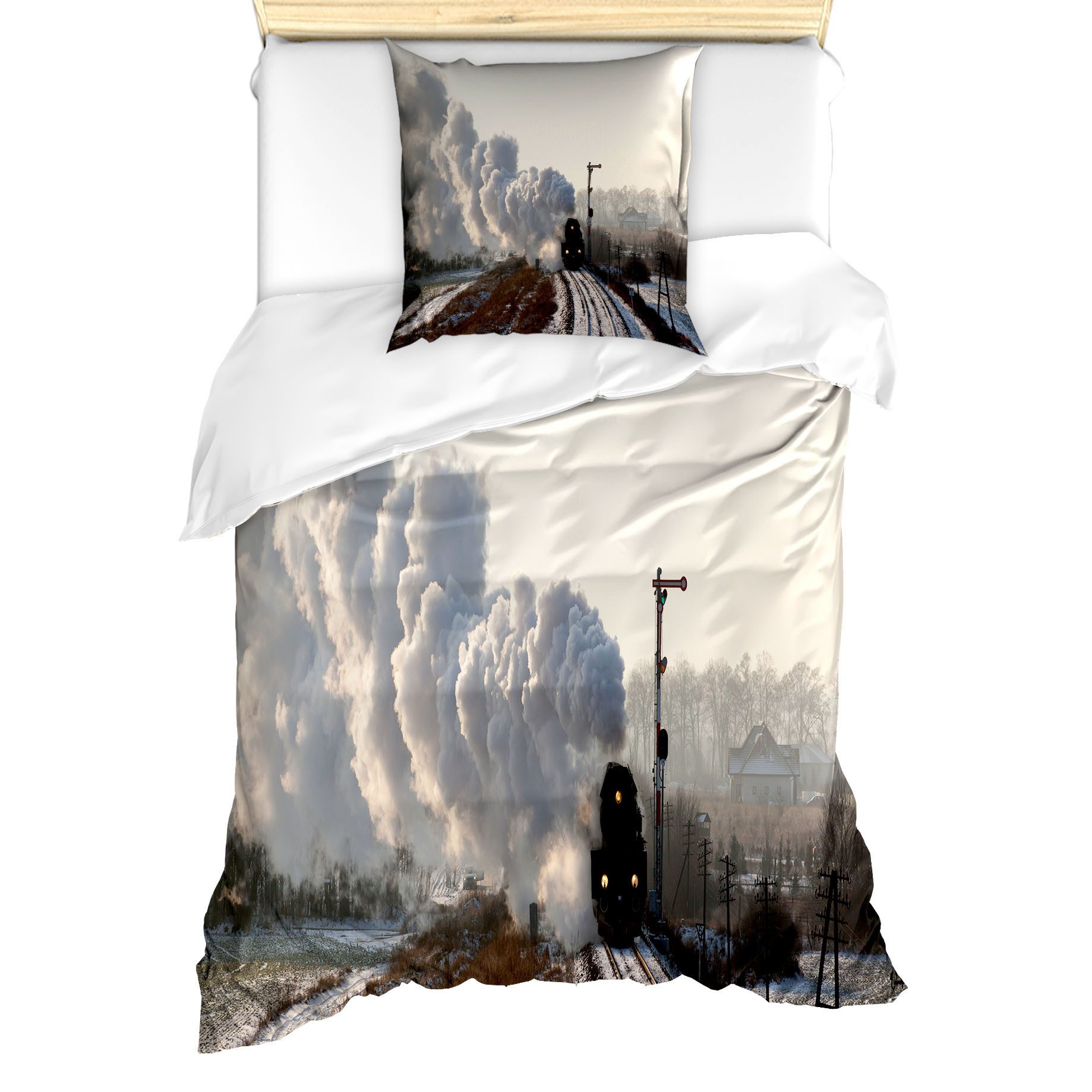 Abakuhaus Постельное белье Milbensicher Всеrgiker geeignet mit Kissenbezug, Microfaser, Dampfmaschine Zug Snowy Szene
