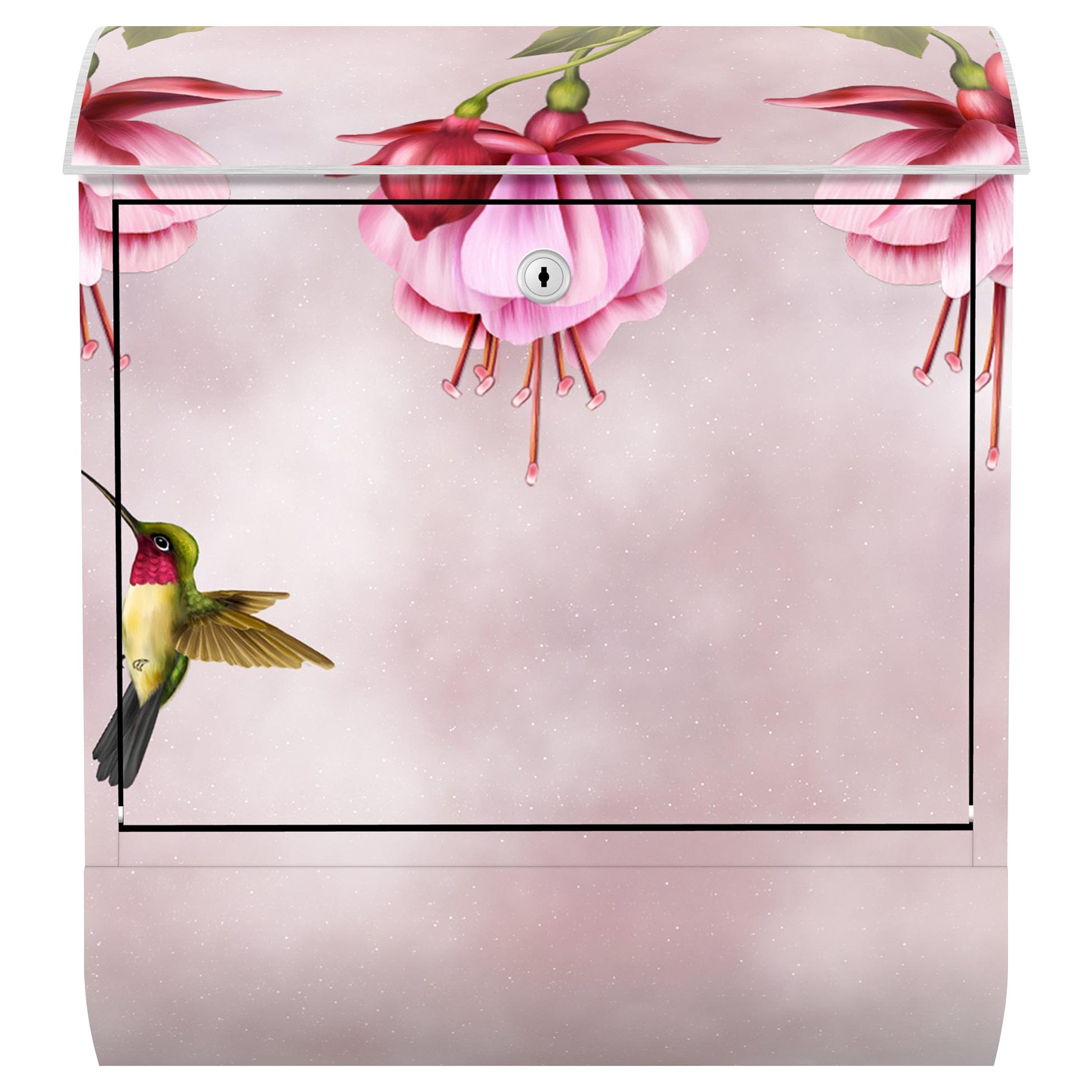 Bilderdepot24 Briefkasten Wandbriefkasten mit Zeitungsfach Motiv Kolibri und rosa Blüten (inkl. Zeitungsrolle und 3 Schlüssel), Motivdruck, wetterfest, UV-beständig, abschließbar, 46x39x13 cm
