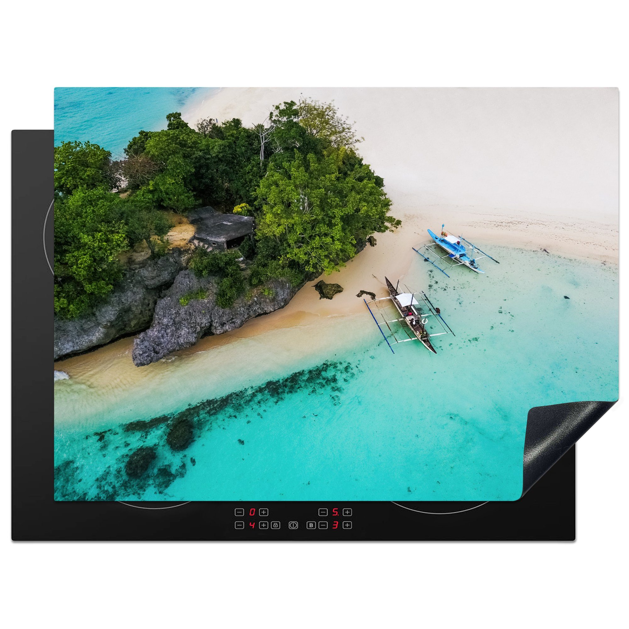 MuchoWow Herdblende-/Abdeckplatte Eine Luftaufnahme eines weißen Strandes auf den Philippinen, Vinyl, (1 tlg), 71x52 cm, Induktionskochfeld Schutz für die küche, Ceranfeldabdeckung