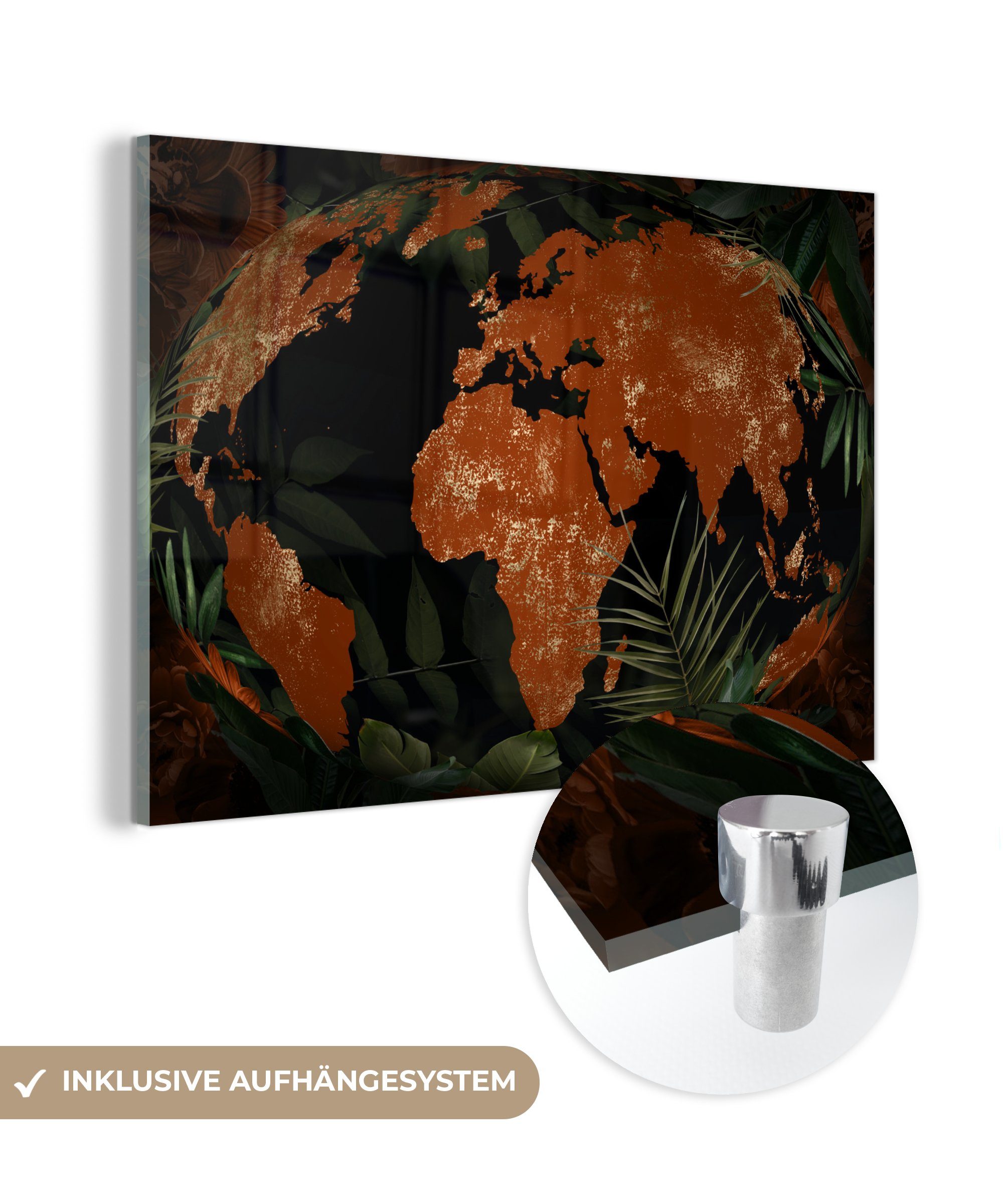 MuchoWow Acrylglasbild Weltkarte - Pflanzen - Globus, (1 St), Glasbilder - Bilder auf Glas Wandbild - Foto auf Glas - Wanddekoration