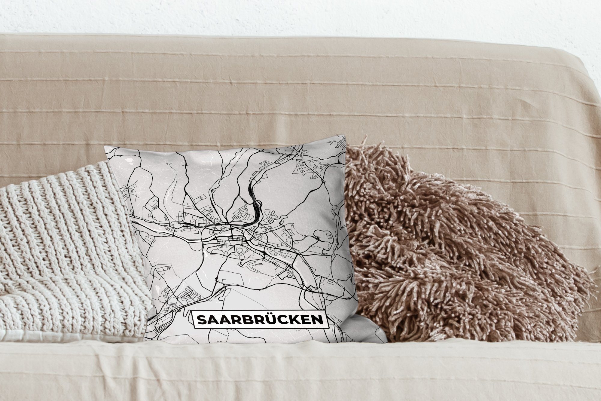 Deko, für Sofakissen mit Saarrücken Füllung - Dekokissen MuchoWow Wohzimmer, Karte Schlafzimmer, Stadtplan, - - Deutschland Zierkissen