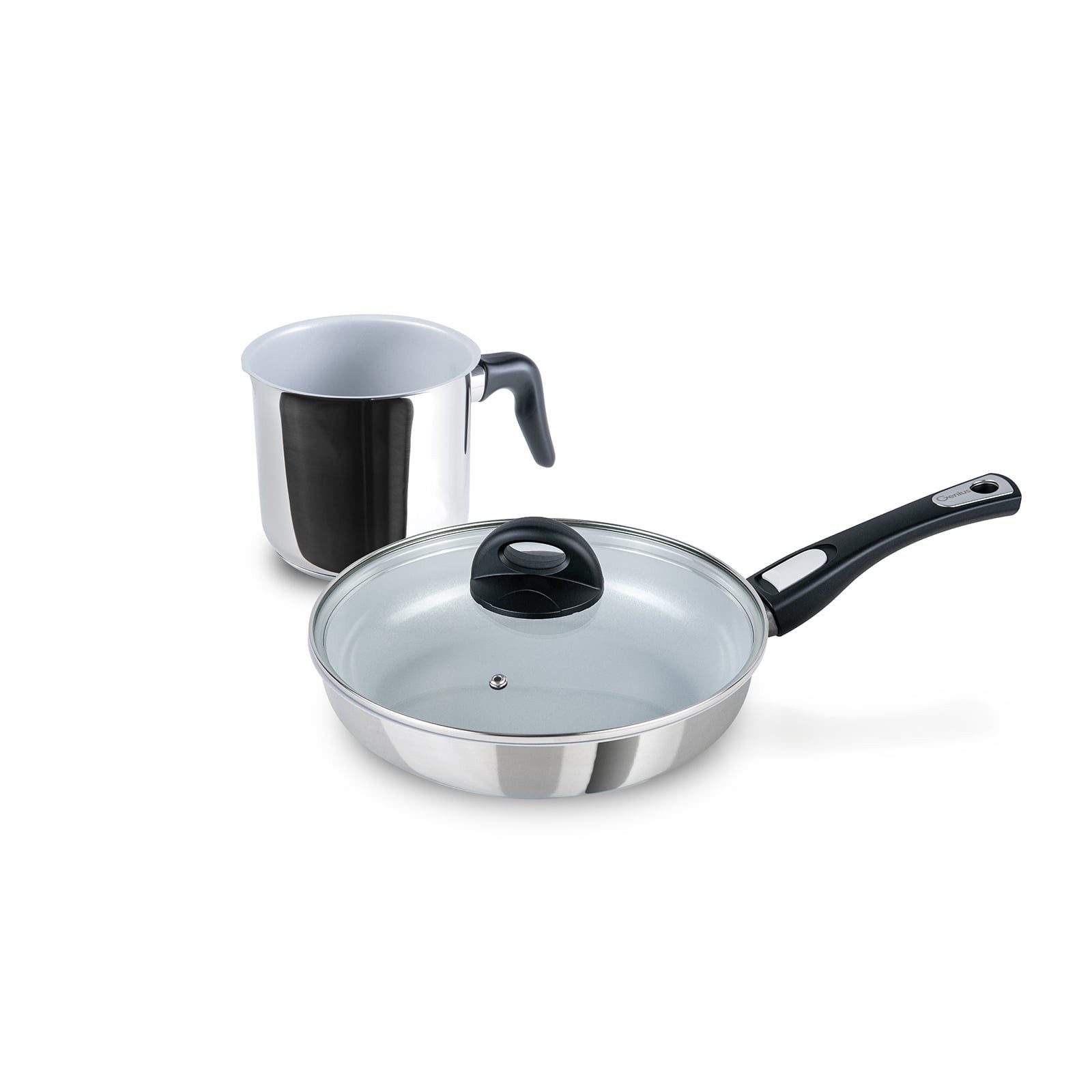 Genius Pfannen-Set Cerafit Steel Pfannen- und Milchtopf-Set 3-tlg, mit Deckel, Induktion, Edelstahl, Antihaft