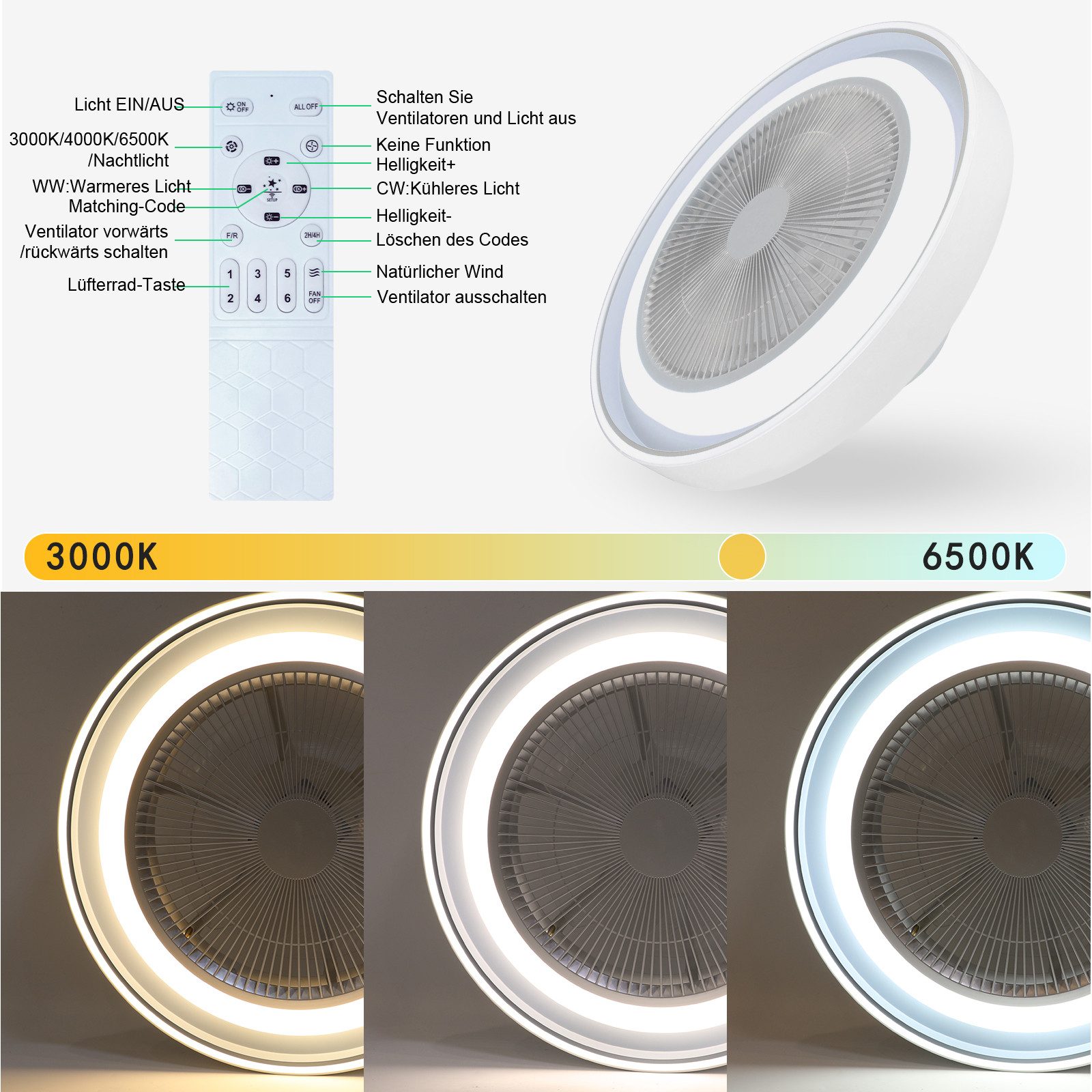 Nettlife Deckenventilator mit Licht und Fernbedienung 43W Leise LED Deckenleuchte Dimmbar, Schlafzimmer Wohnzimmer Esszimmer 50*50*20.5cm