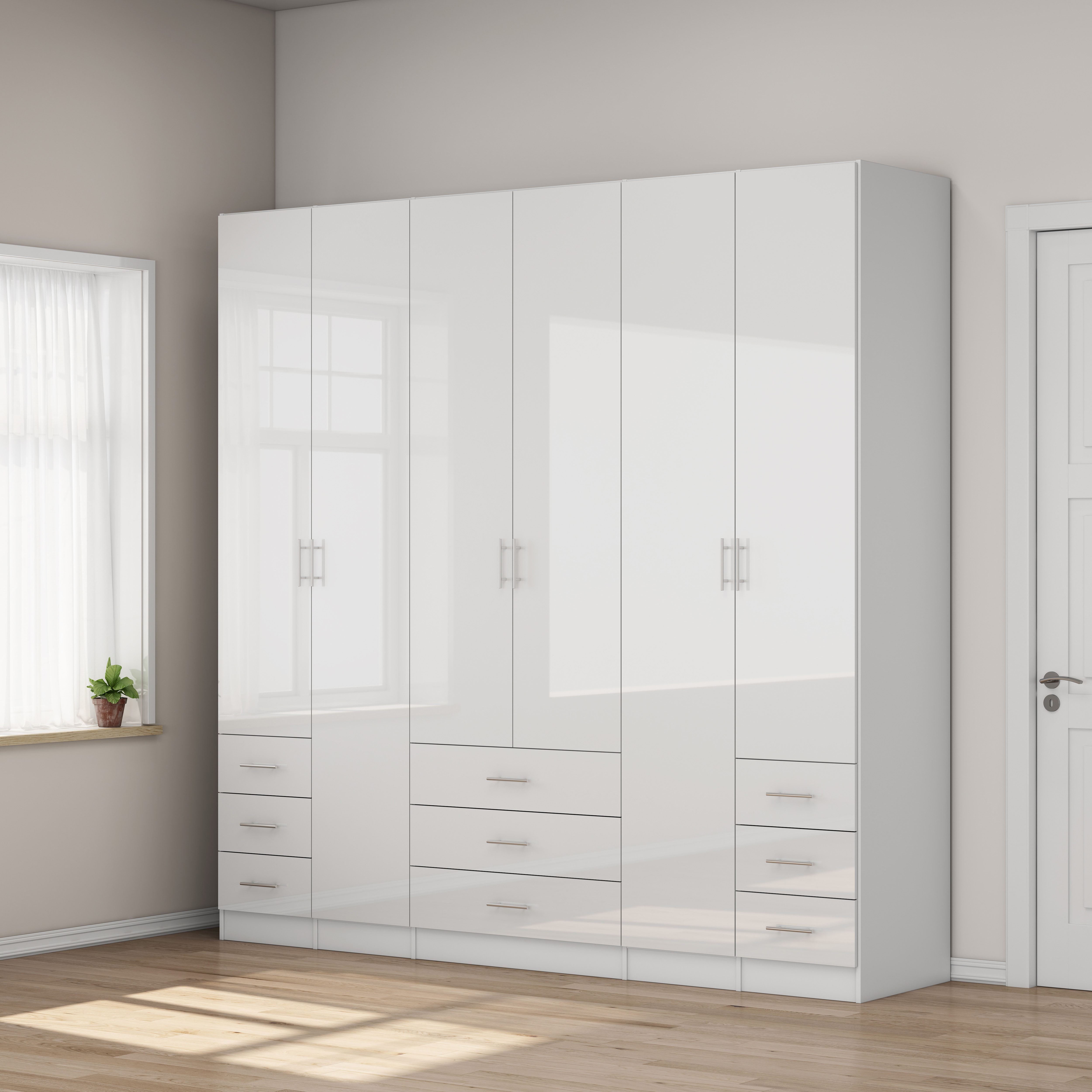 OTTO home Kleiderschrank Trento Schlafzimmerschrank Garderobe hochglanz (in 2 unterschiedlichen Schrankhöhen wählbar) Schrank mit 6 Türen und 9 Schubladen, Hochglanz-Fronten, 2,39m Höhe