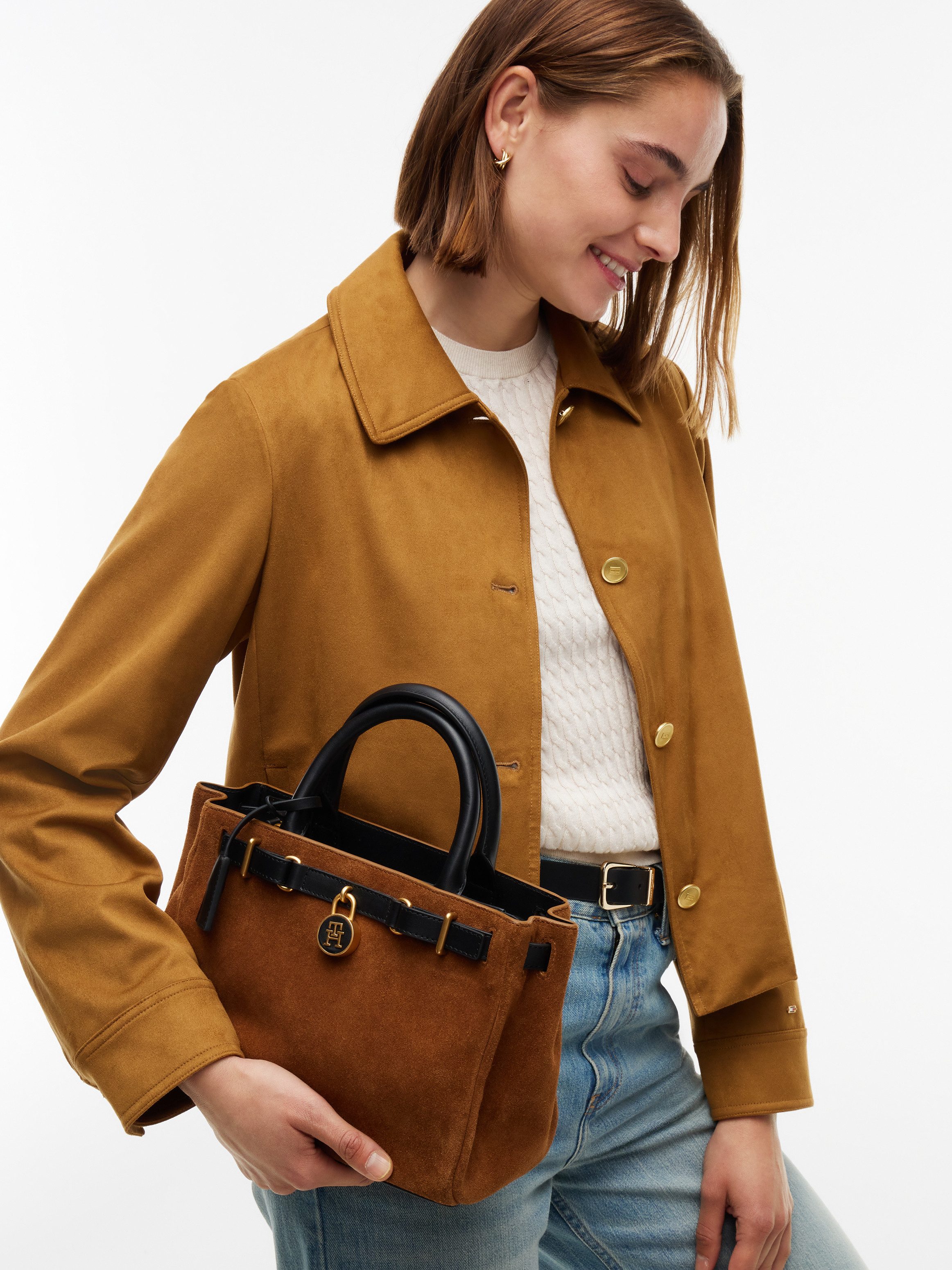 Tommy Hilfiger Handtasche AMERICAN ICON MINI TOTE SUEDE LE, Damen Schultertasche, Umhängetasche mit TH-Schloss-Schmuckanhgänger