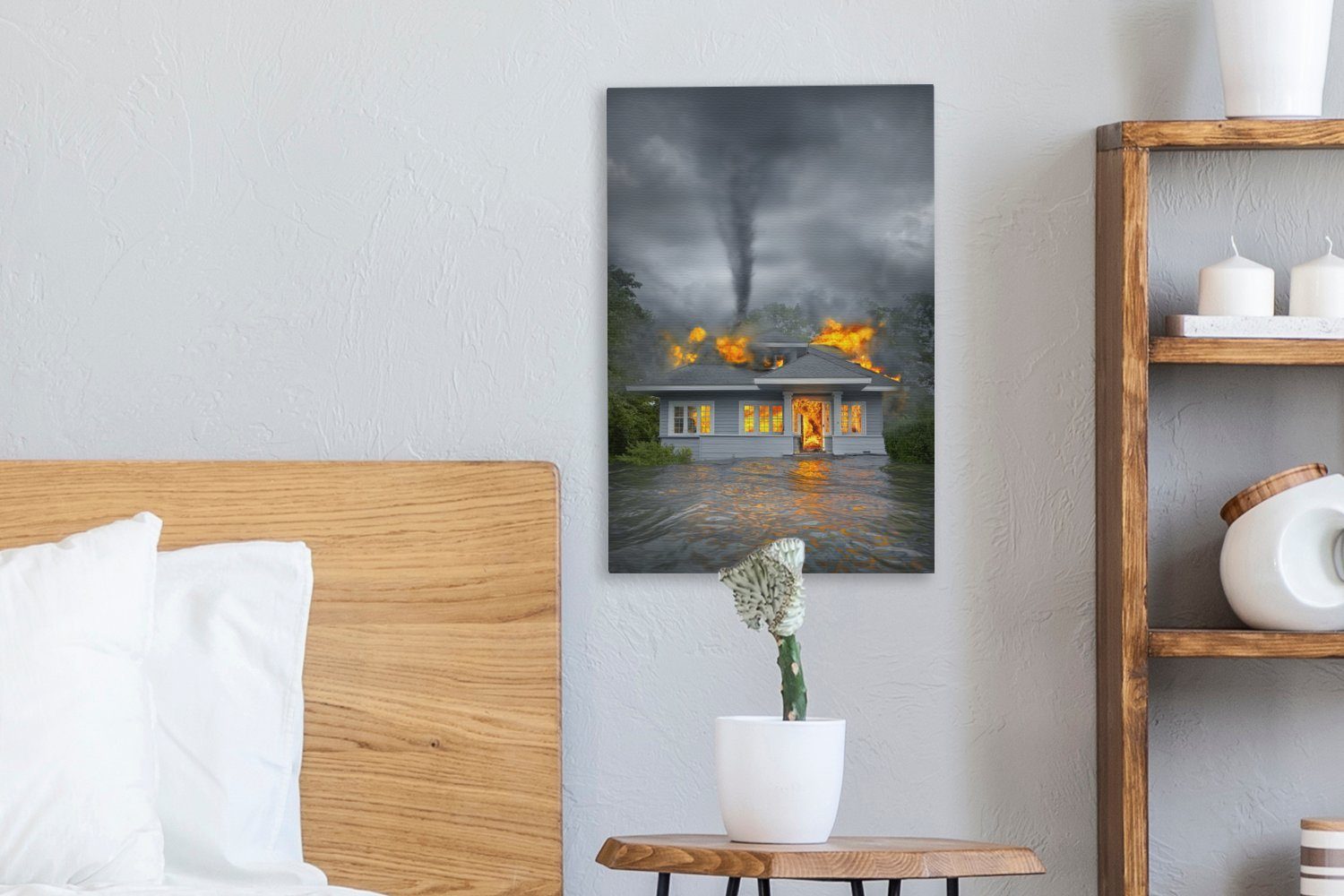 Zackenaufhänger, OneMillionCanvasses® in cm Leinwandbild und Ein ein bespannt fertig 20x30 St), inkl. Flammen Gemälde, Leinwandbild steht Tornado, (1 Haus