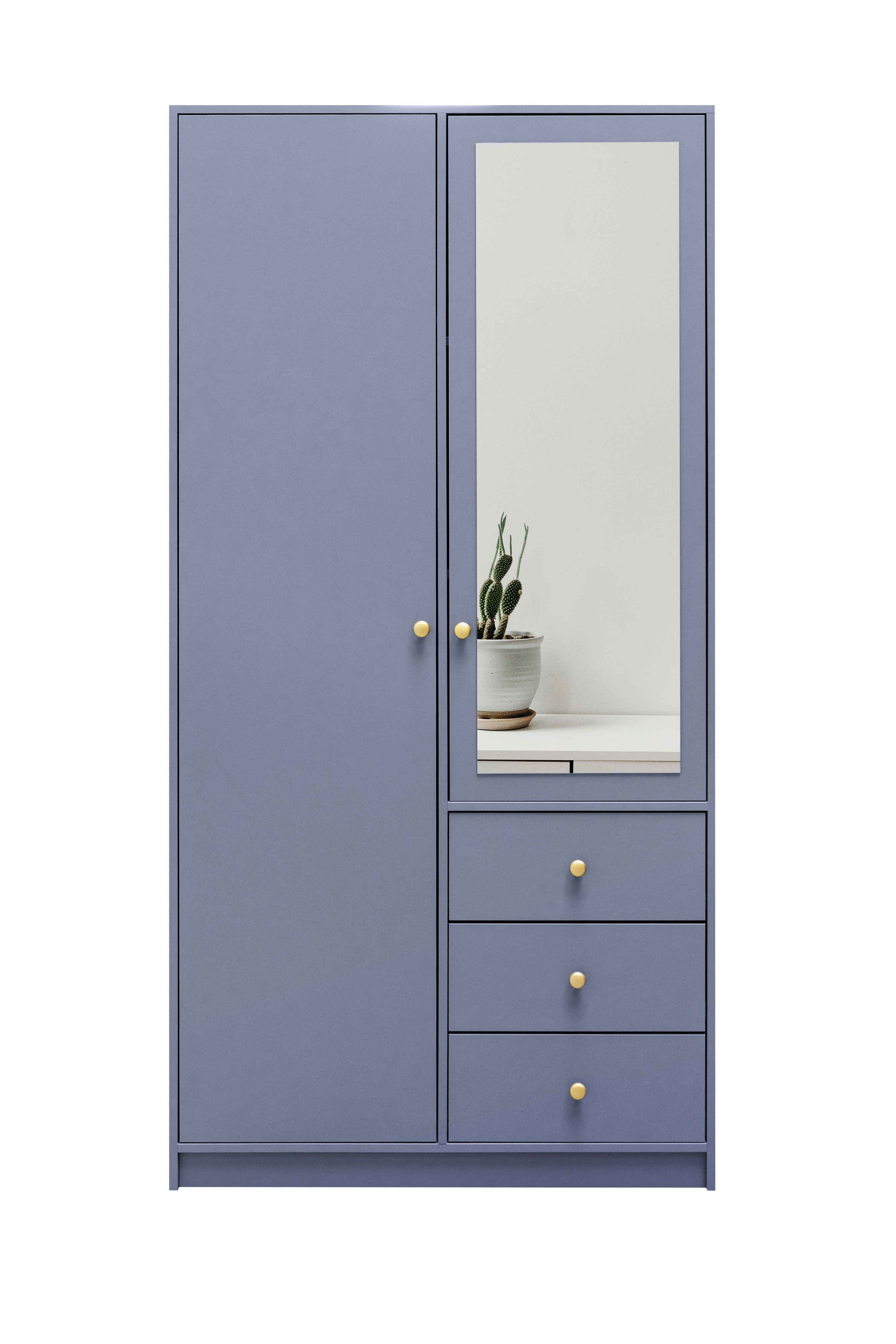 Masseno Drehtürenschrank GALIO 100 cm Kleiderschrank mit Spiegel 2 Türen und 3 Schubladen Blau