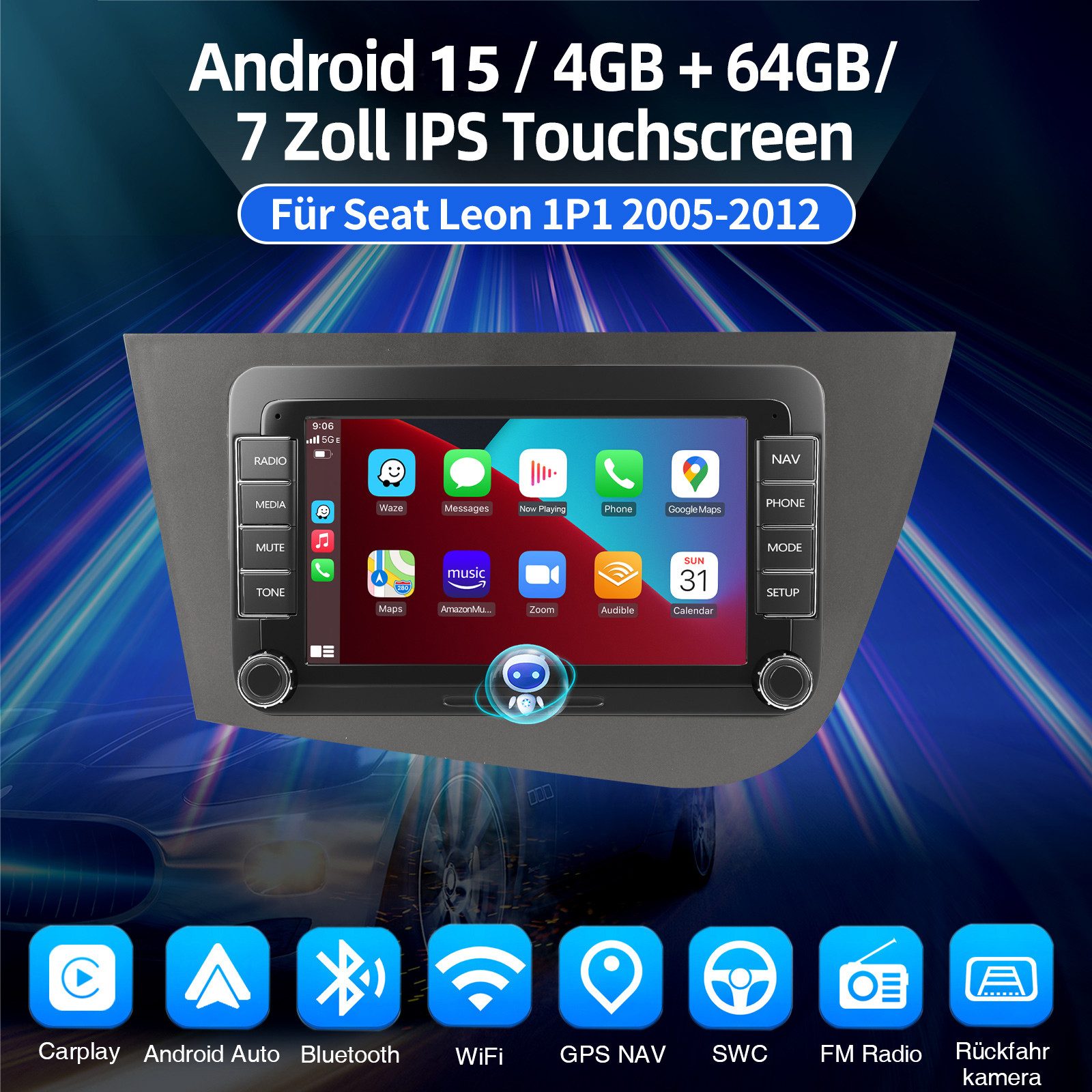 ESSGOO 7/9'' DAB+ 64G Für Seat Leon 1P1 2005-12 Android 15 Autoradio Carplay Autoradio (RDS, 4+64GB(optional), Digitalradio (DAB), FM, AM, Carplay Android Auto Bluetooth EQ USB GPS Navi WIFI Touchscreen)