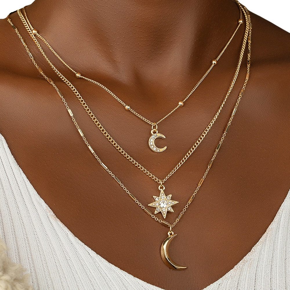 Coonoor Perlenkette Mehrreihige Halsketten für Damen,Boho Kristall-Mond Stapel-Halskette