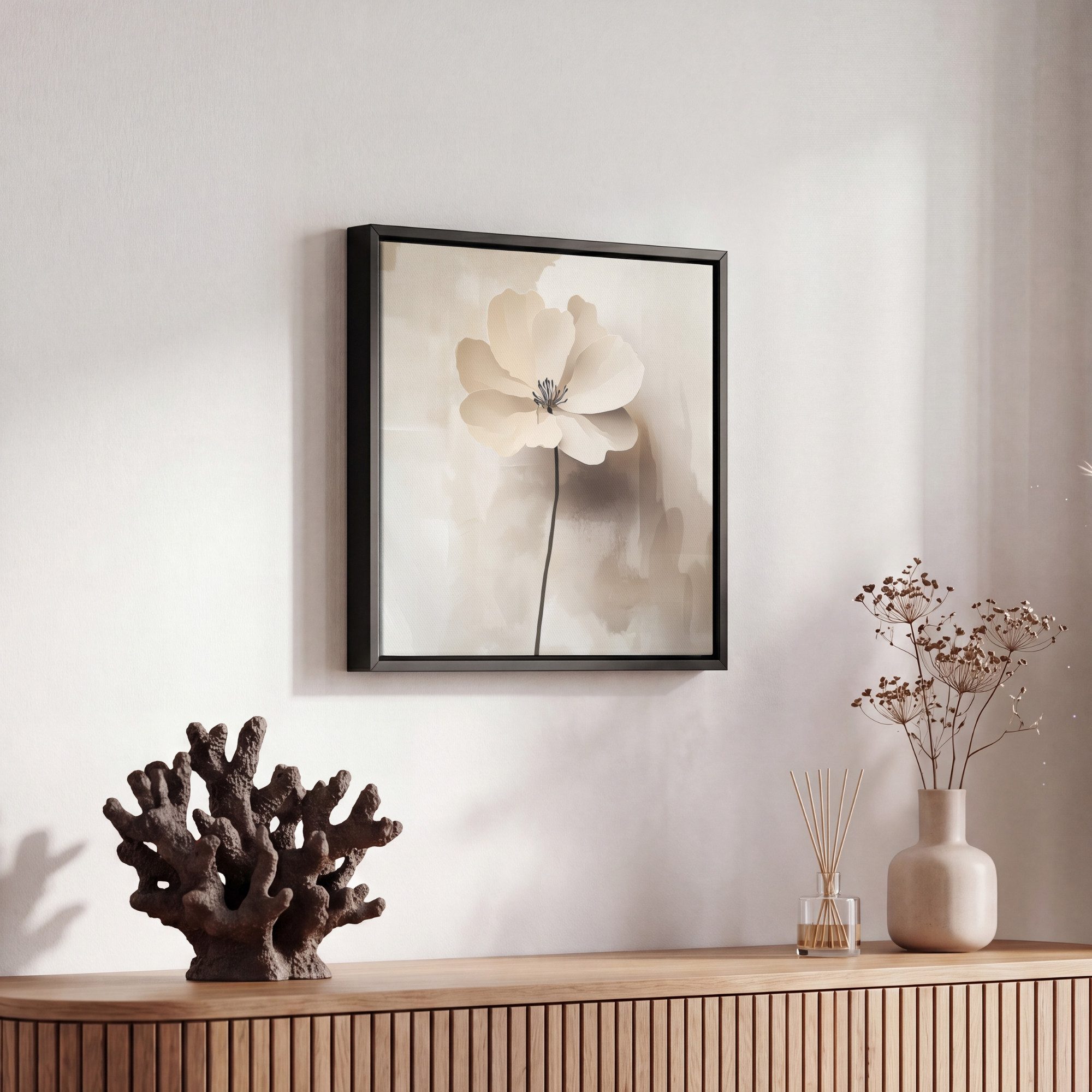 OneMillionCanvasses® Leinwandbild mit Rahmen - Blume - Beige - Farbe - Schatten, Fotodruck (1 St), Leinwand Bilder Klein, Wand Dekoration Aesthetic 20x20cm – Bild 5 von 5