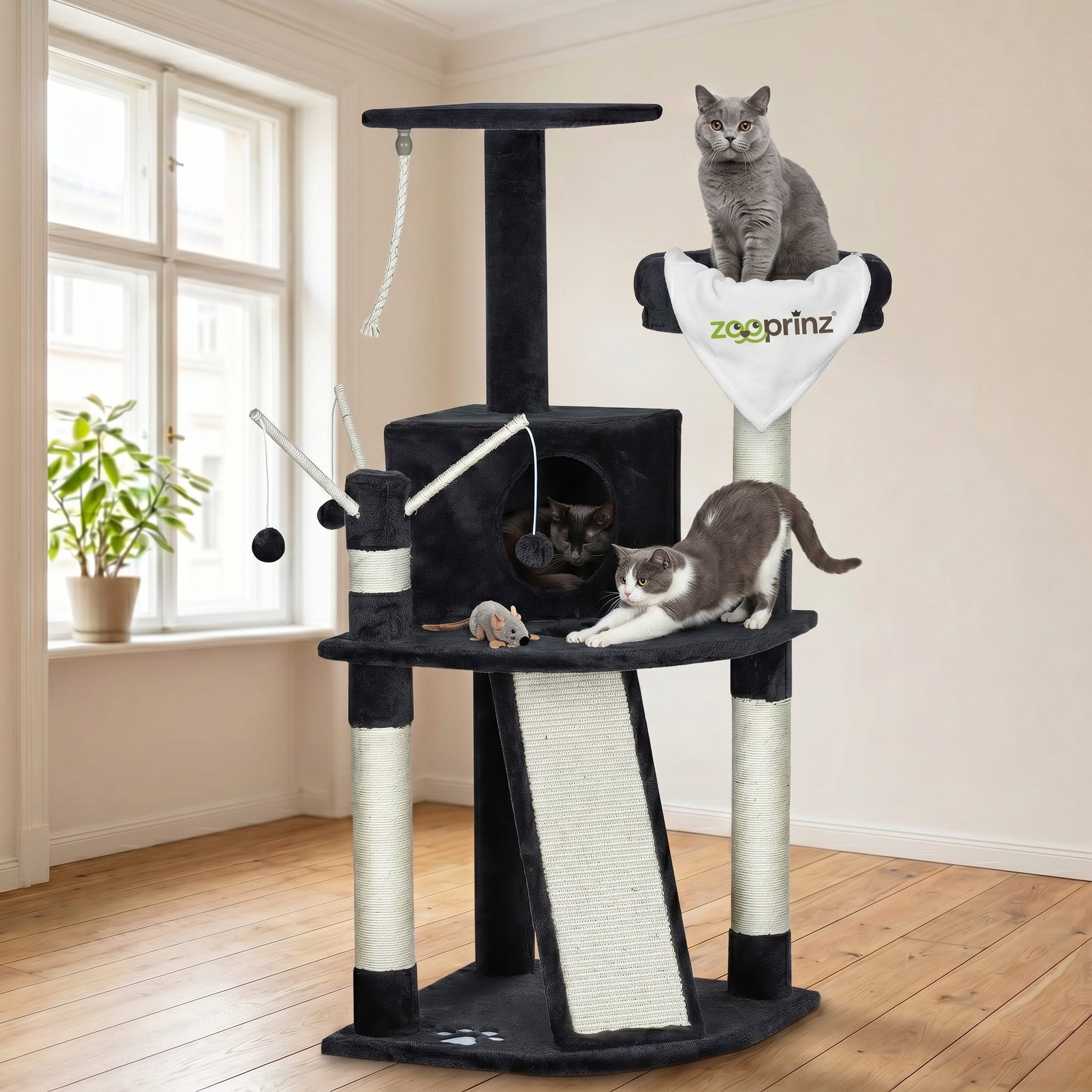 Zooprinz Kratzbaum Katzenbaum Kletterbaum Lola XXL Sisal mit Plüschmaus Grau, Bodenplatte, Anti-Kipp-Sicherung, Rampe, Höhle, Liegefläche, Bälle