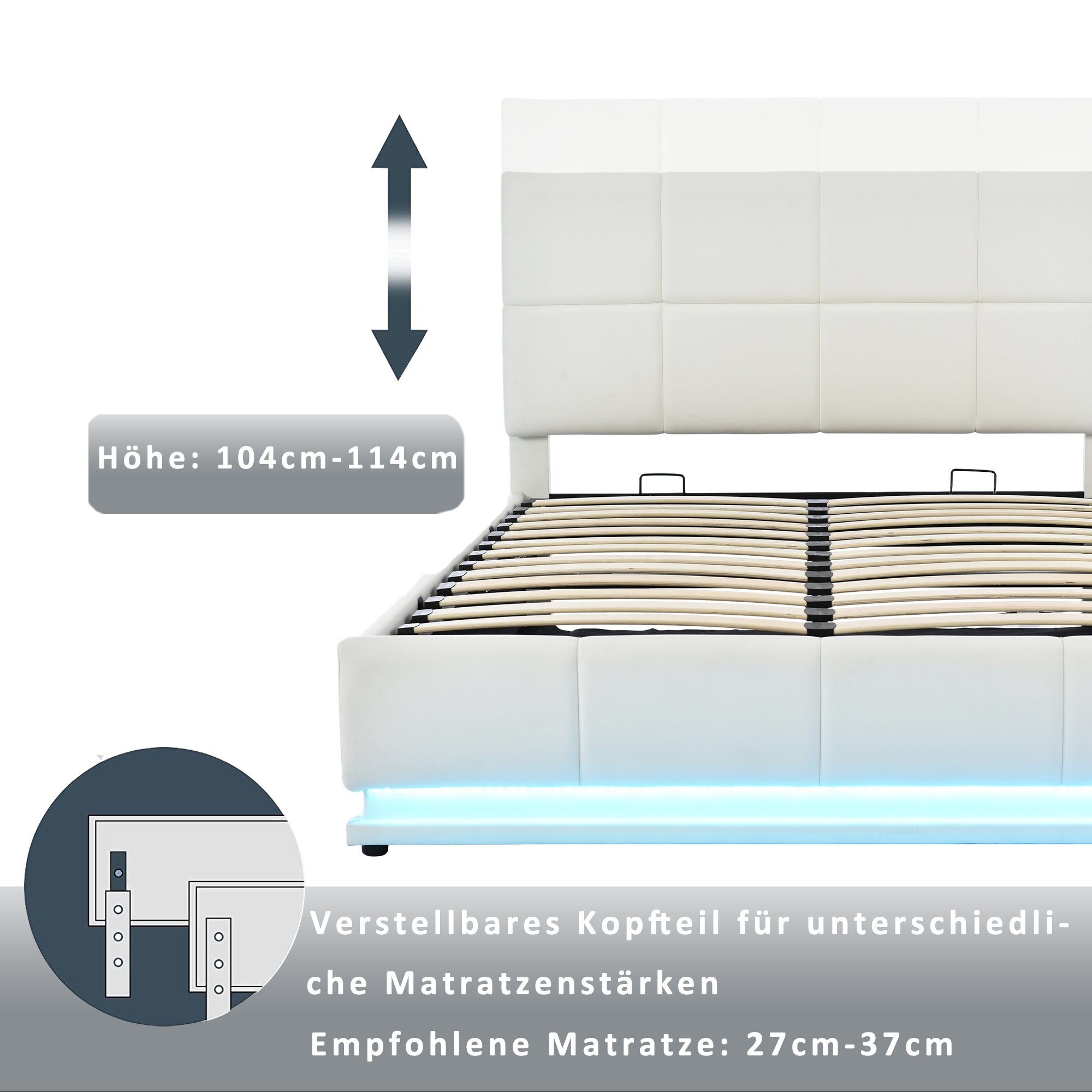 Flieks Polsterbett, Doppelbett 140x200cm Kunstleder LED hydraulisches Weiß