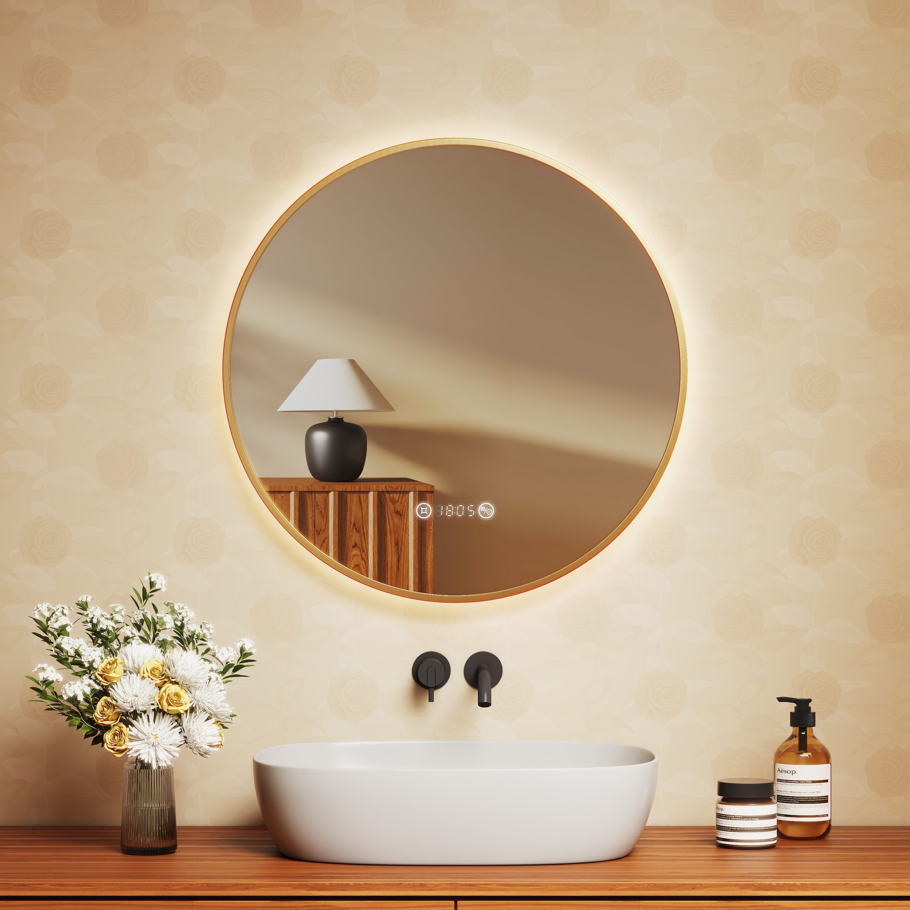 EMKE Badspiegel Rund mit Beleuchtung Gold gebürstet Rahmen (Modell R9, Φ 60 günstig online kaufen