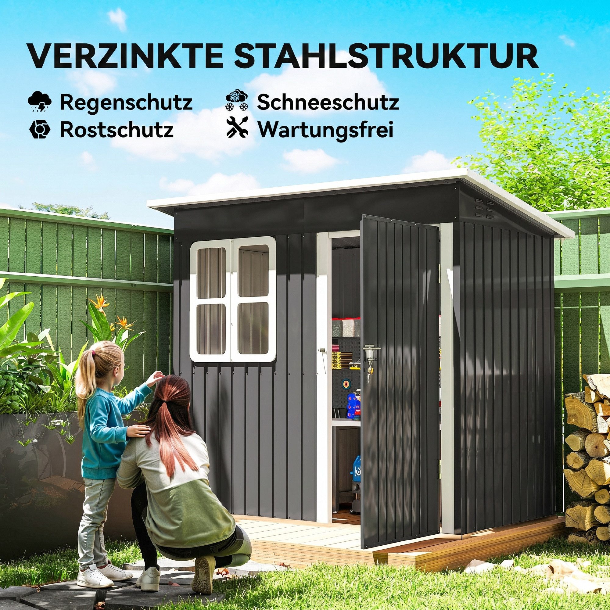 Outsunny Gerätehaus 2,55m², mit Tür, Fenster, Pultdach, BxT: 211x133 cm, (Gartenhaus, 1 St., Geräteschuppen), aus Stahl, für Hinterhof, Garten, Dunkelgrau