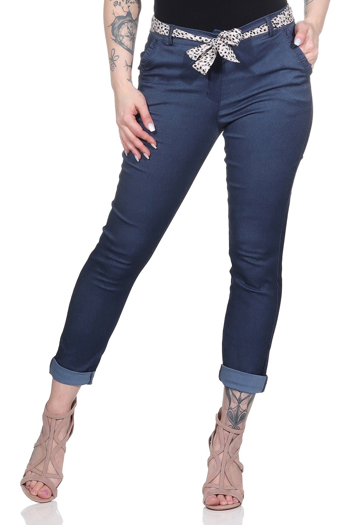 Mississhop Stretch-Hose Female Damen Stretch Klassische Chino Hose mit gemustertem Tuch M. 366 Jeansblau