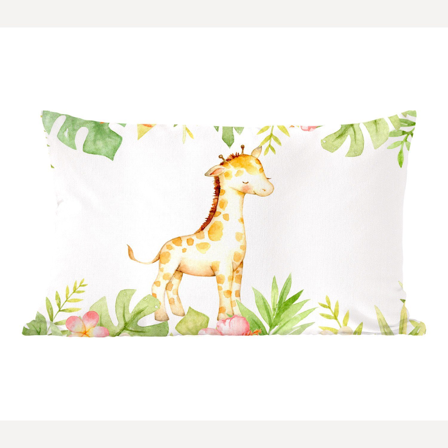 MuchoWow Dekokissen Giraffe - Dschungel - Blumen - Aquarell, Wohzimmer Dekoration, Zierkissen, Dekokissen mit Füllung, Schlafzimmer