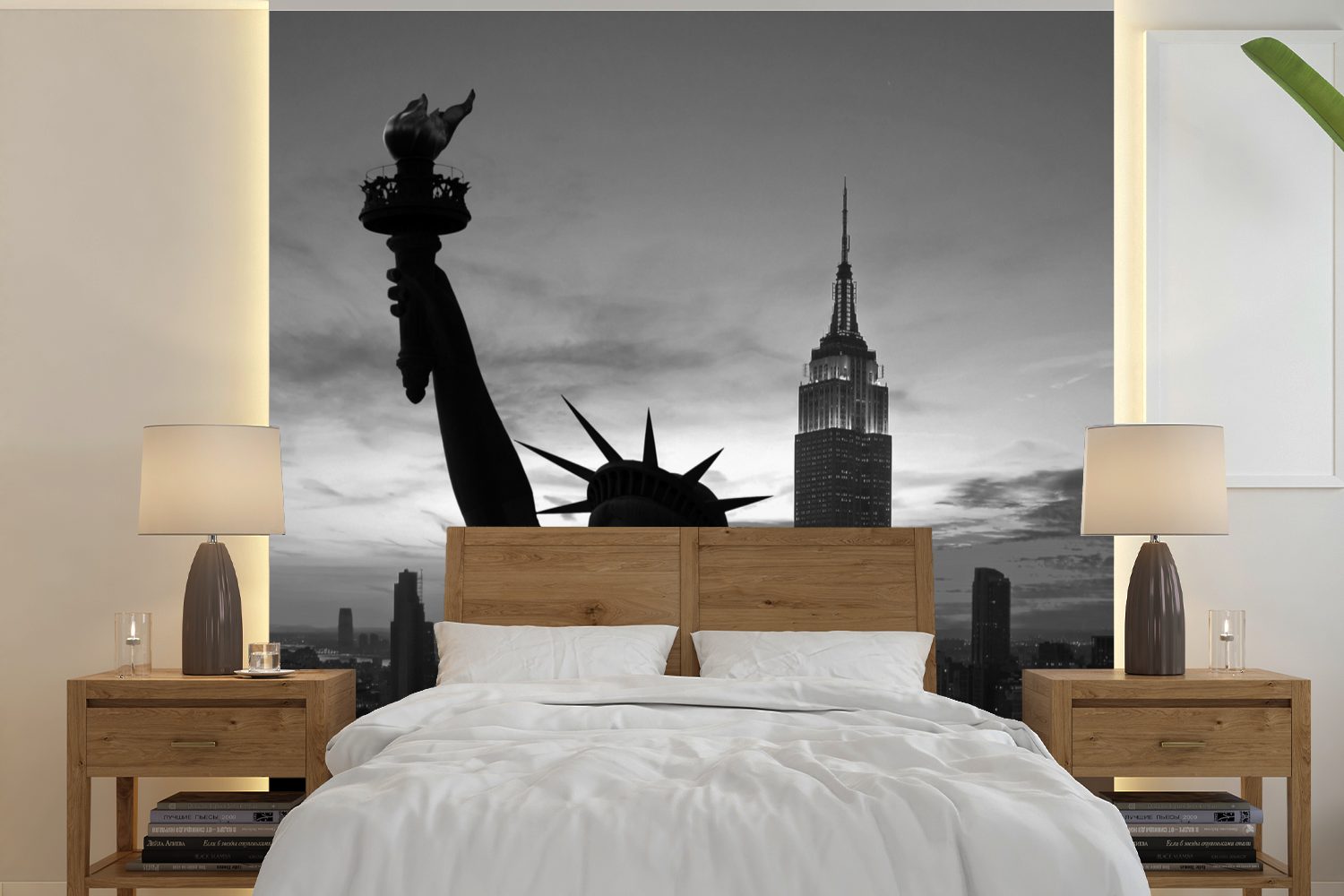 MuchoWow Fototapete Freiheitsstatue New York - schwarz und weiß, Matt, bedruckt, (5 St), Vinyl Tapete für Wohnzimmer oder Schlafzimmer, Wandtapete