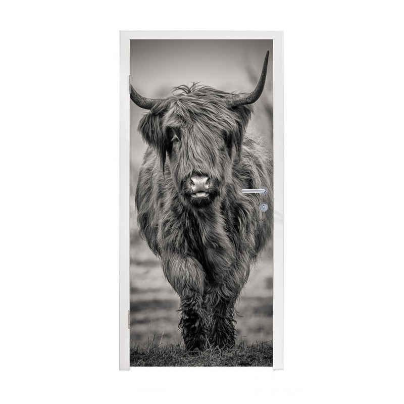 MuchoWow Türtapete Schottischer Highlander - Porträt - Schwarz und Weiß, Matt, bedruckt, (1 St), Fototapete für Tür, Türaufkleber, 75x205 cm