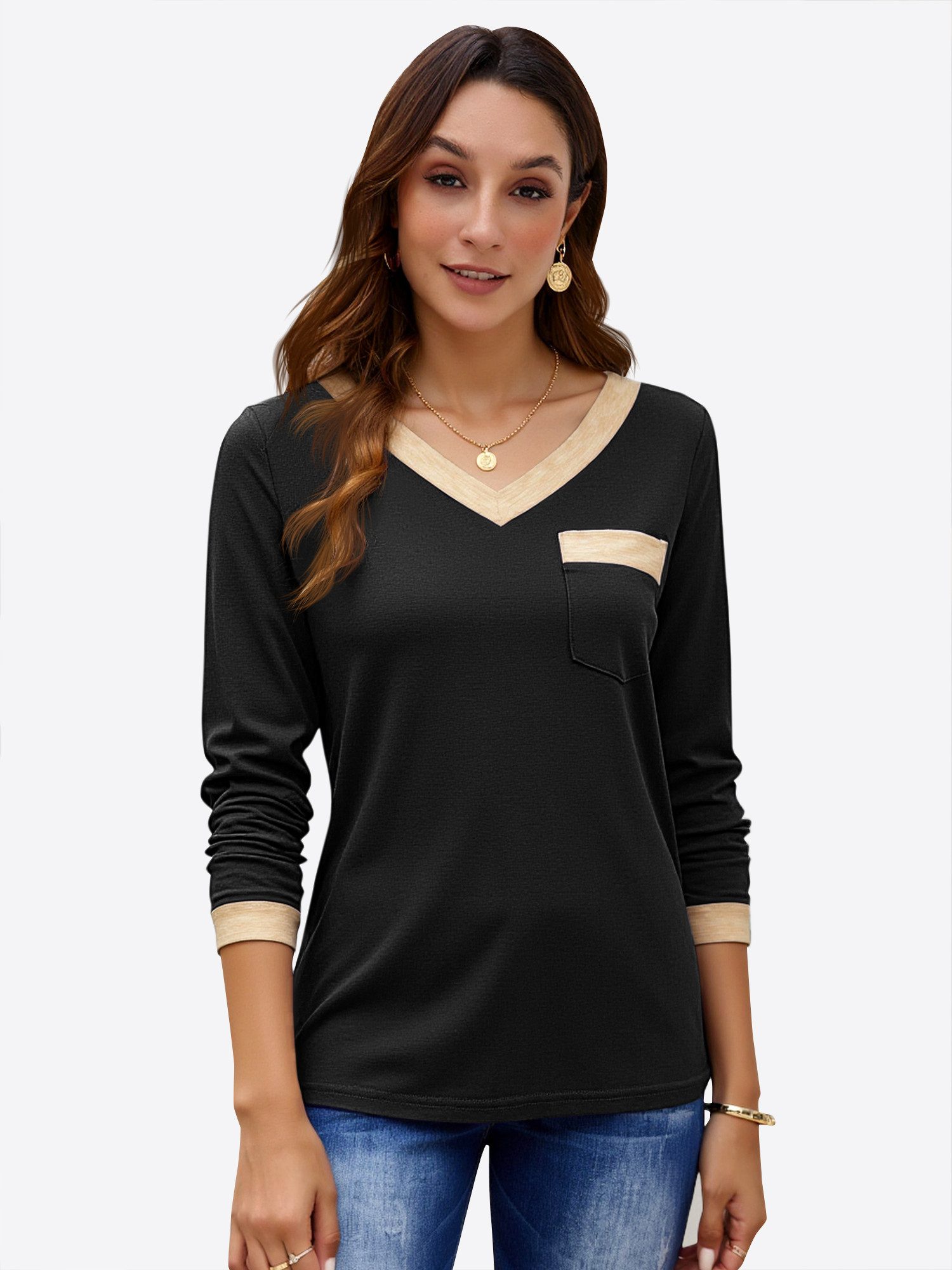 Imily Bela T-Shirt Damen Langarmshirt Tops mit V-Ausschnitt (Packung, 1-tlg., 1per-Pack) Casual