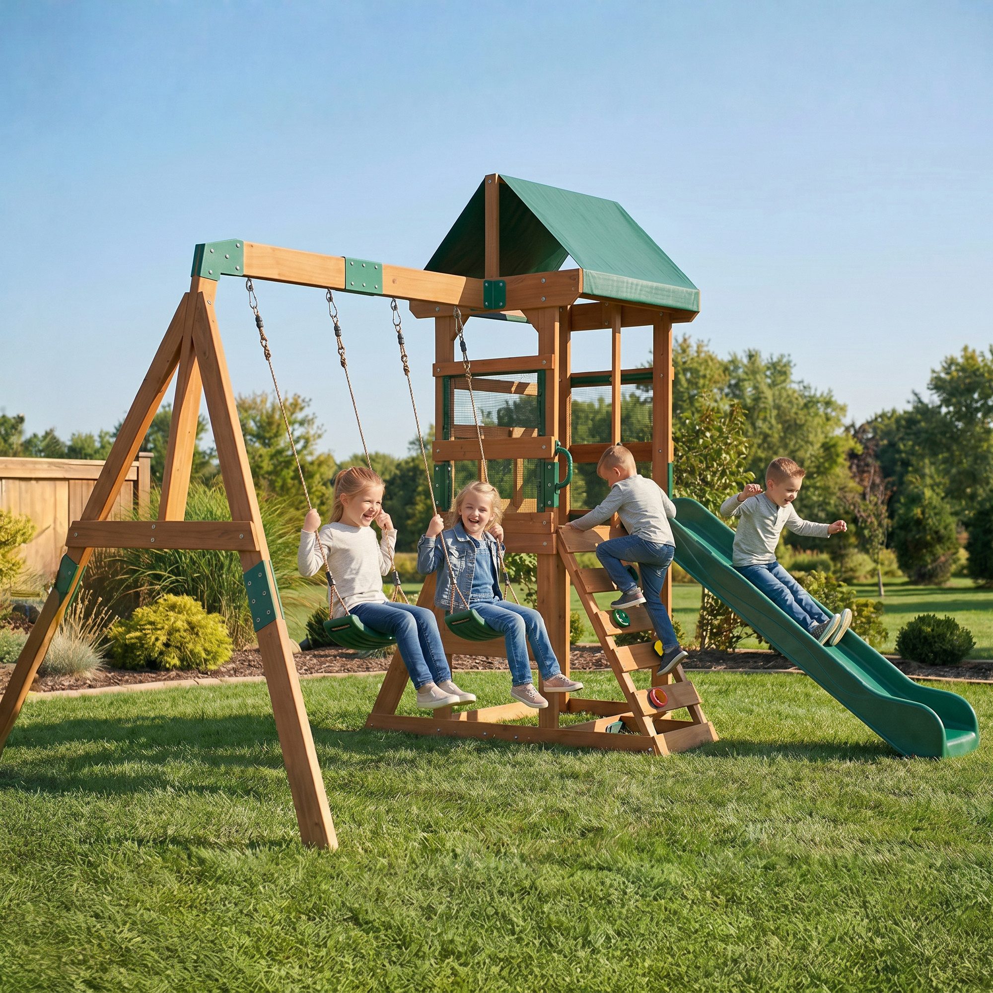 AIYAPLAY Schaukelgestell Rutsche, Schaukeln, Kletterwand, überdachtem Oberdeck Spielhaus, (Spielturm Klettergerüst, 1-tlg., Outdoor Kinder Kletterturm), aus Holz für 3-8 Jahre Kinder 315x284x233 cm