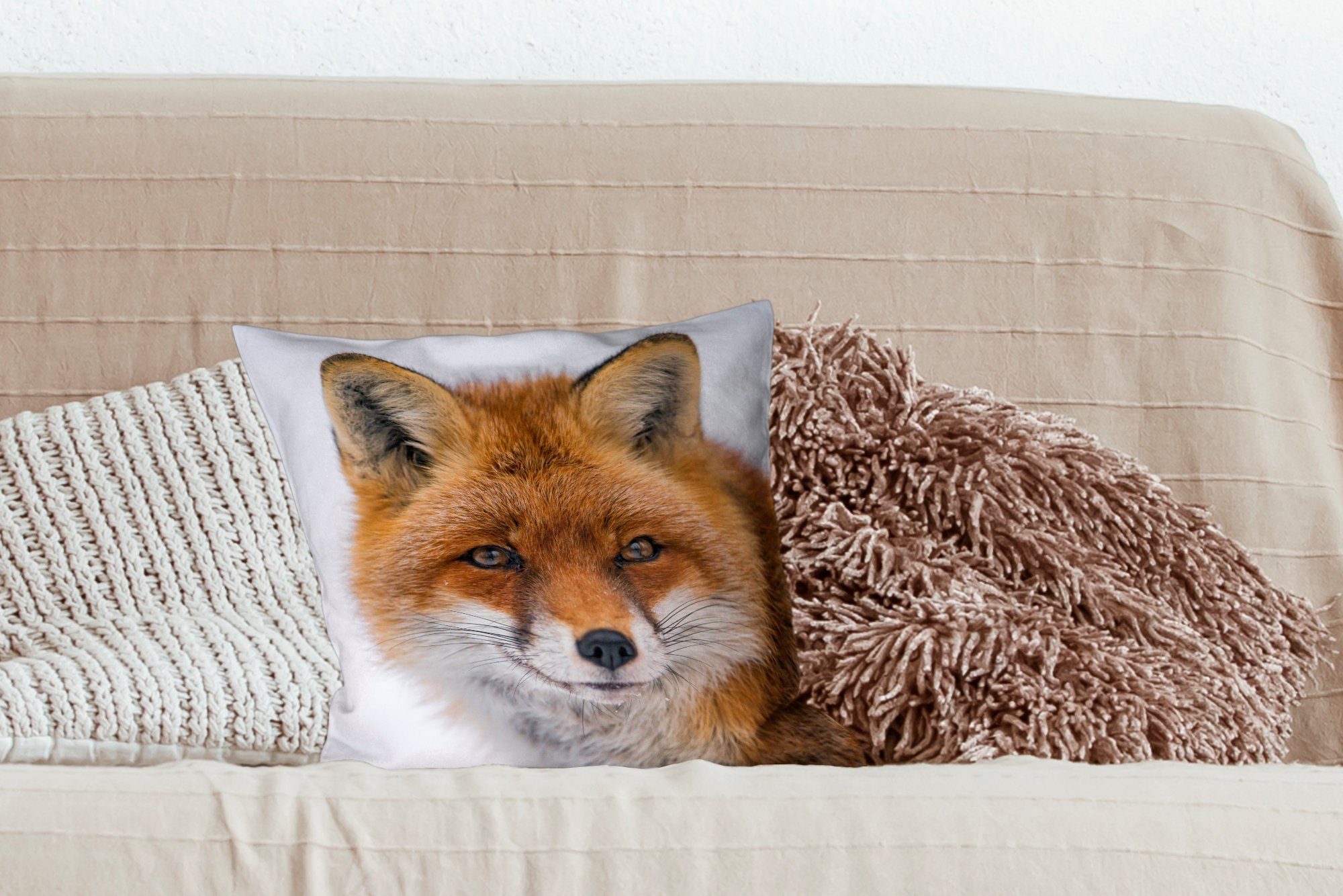 mit Porträt - Zierkissen Fuchs Wohzimmer, Füllung Deko, - für MuchoWow Schlafzimmer, Sofakissen Dekokissen Schnee,