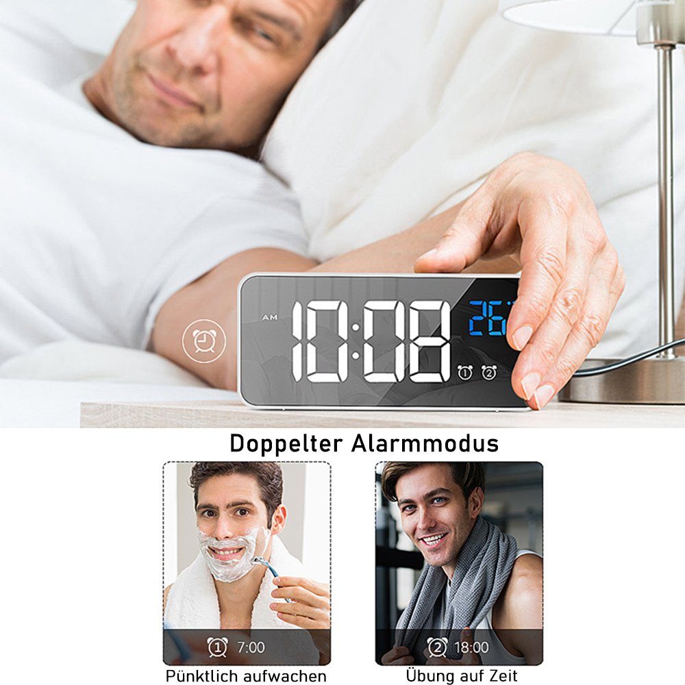 Weiß Desktop-Uhr Wecker zggzerg Wecker mit Spiegel Digital, LED-Temperaturanzeige Tragbare
