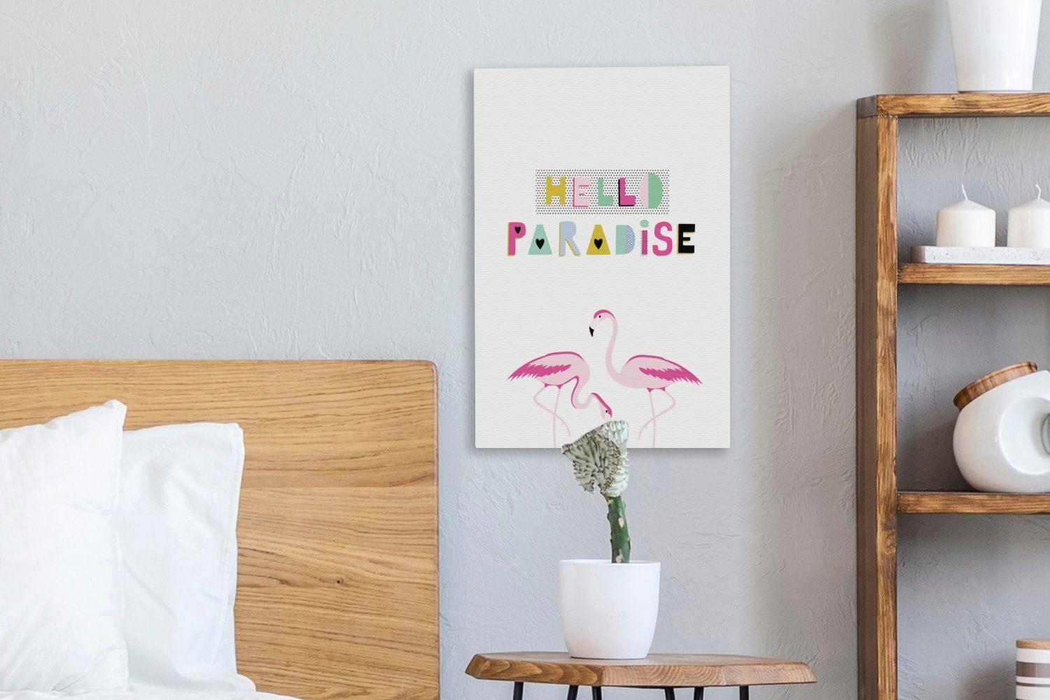 - - St), Gemälde, cm 20x30 Flamingo fertig inkl. bespannt OneMillionCanvasses® Leinwandbild Leinwandbild (1 Paradies Sommer, Zackenaufhänger,