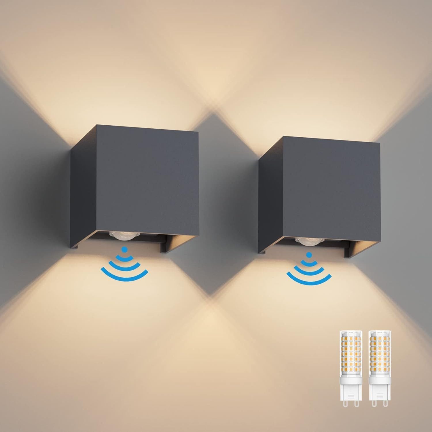 OULENBIYAR Wandleuchte 2x LED Wandleuchte 6W, Aluminium Wandlampe Einstellbarer Lichtstrahl, mit Bewegungsmelder, LED wechselbar, warmweiß, LED Wandlampe mit Bewegungsmelder, IP65 für Wohnzimmer Garten Schwarz