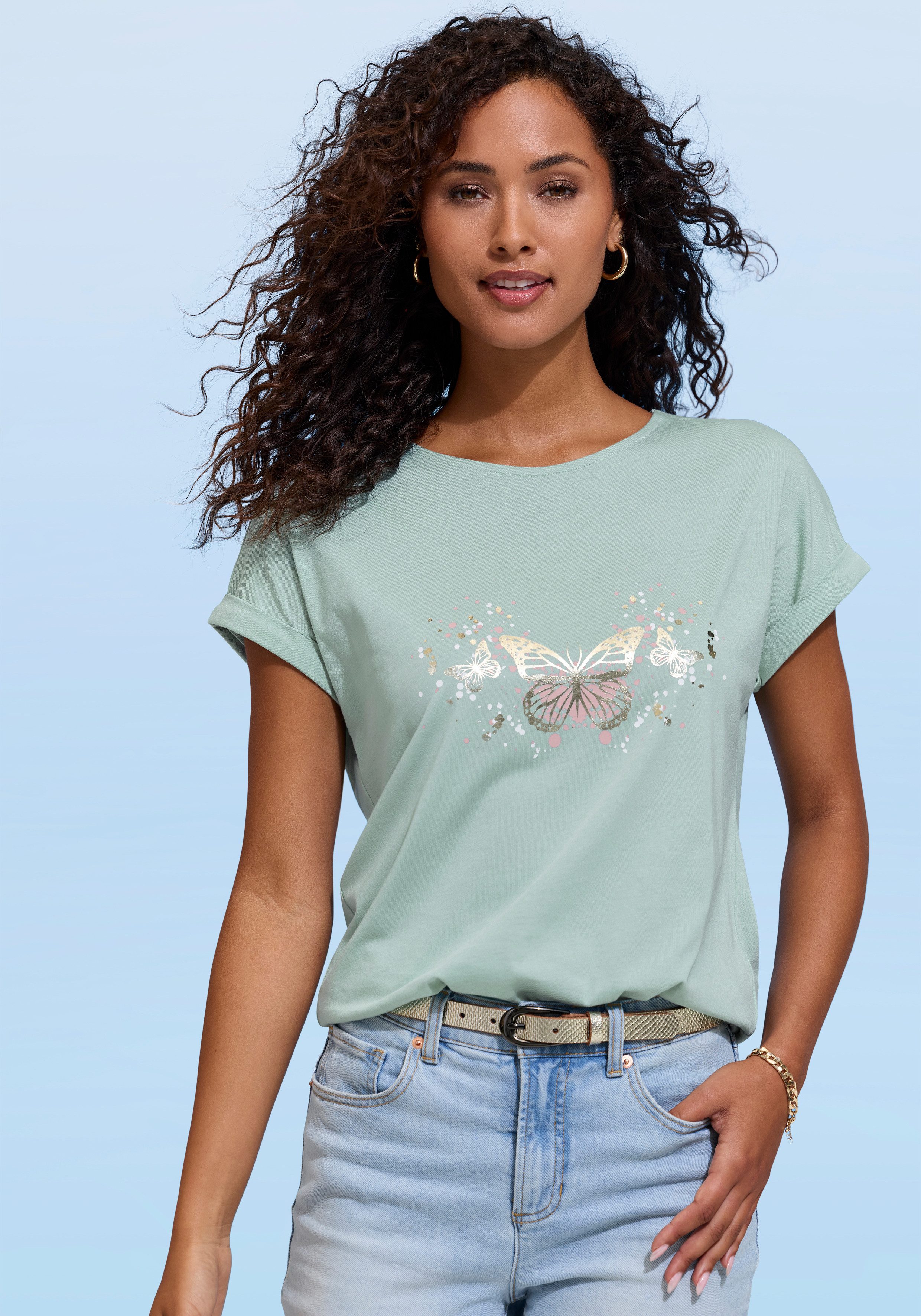 Vivance by Lascana T-Shirt mit glänzendem Frontprint aus angenehmer Baumwoll-Modal-Qualität
