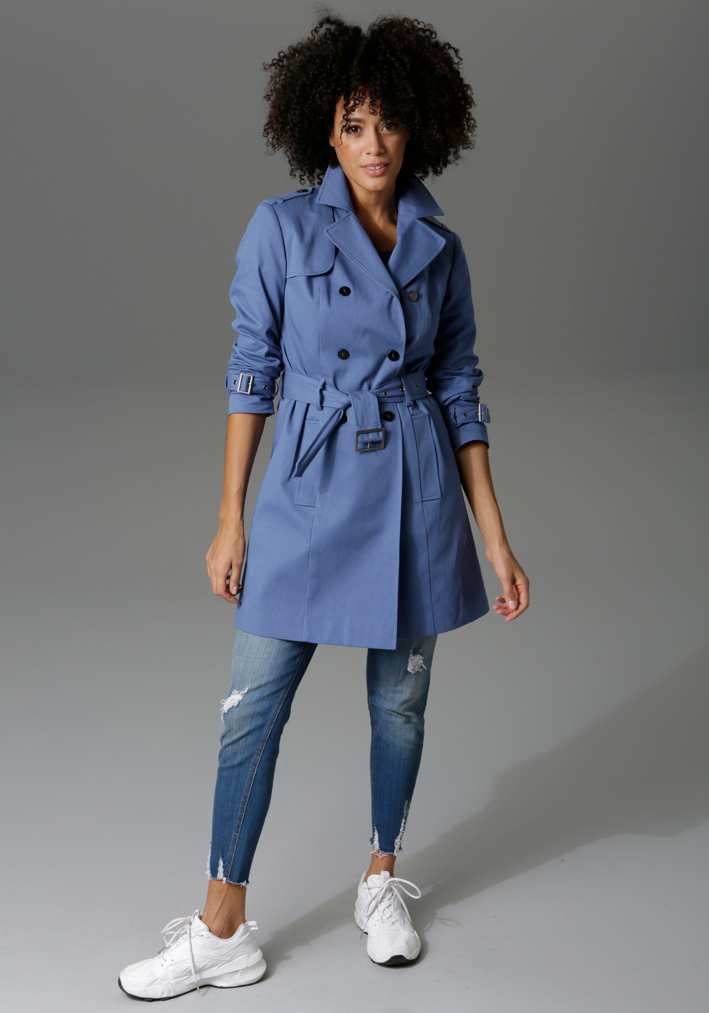 Aniston CASUAL mit Regulieren Trenchcoat rauchblau Gürtel zum