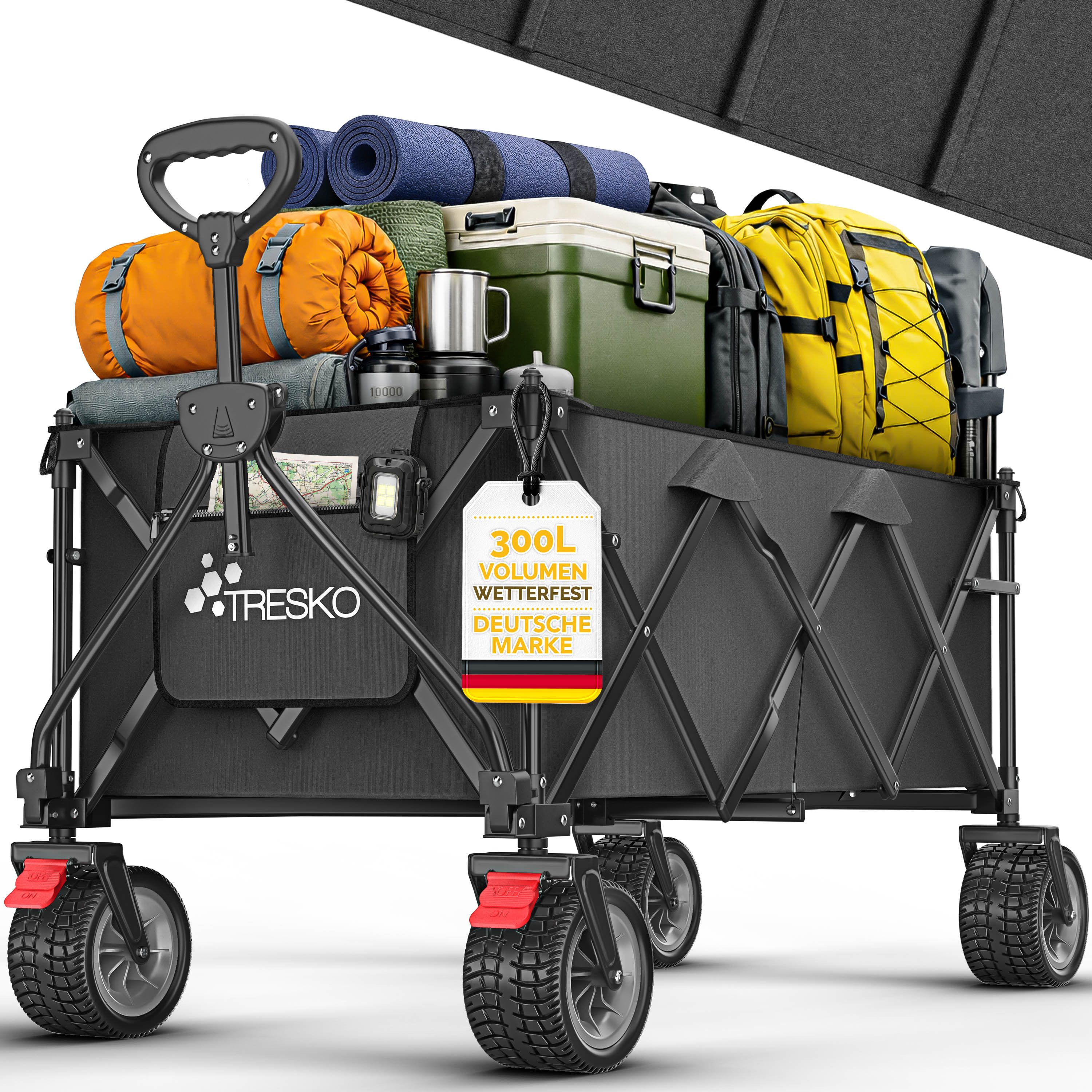 TRESKO Bollerwagen Bollerwagen faltbar 300L mit Bremse Handwagen klappbar 150kg (inkl. Vollgummireifen Faltbarer Strandwagen mit Extra Breite All-Terrain-Räder, Gartenwagen Transportwagen mit Tragetasche)