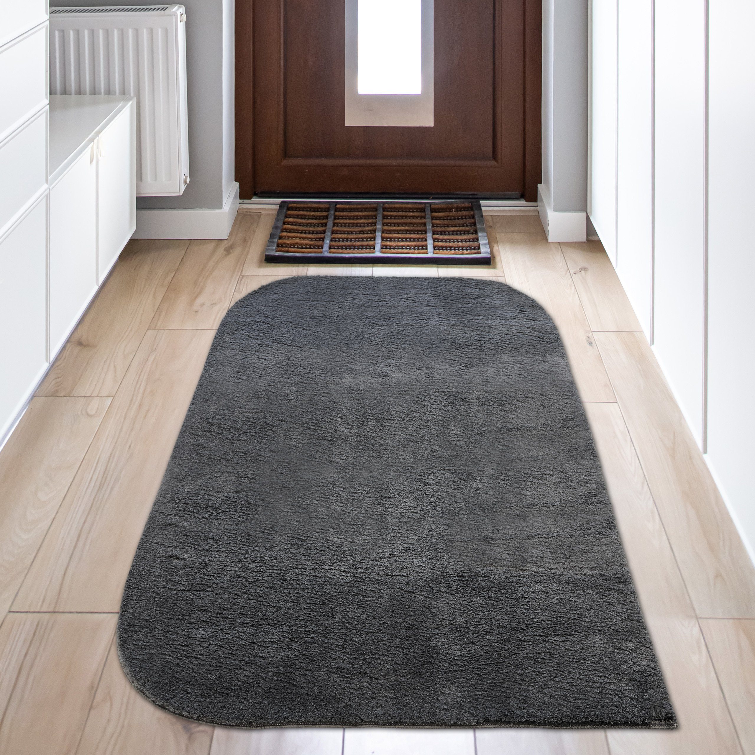 Hochflor-Teppich Einfarbiger Designer Teppich mm rechteckig, 16 mit anthrazit, runden – Teppich-Traum, Ecken Höhe