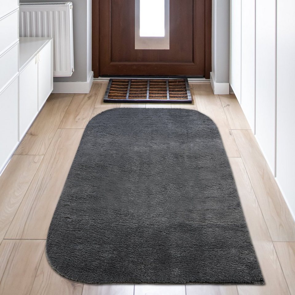 Hochflor-Teppich Einfarbiger Designer Teppich mit runden Ecken – anthrazit,  Teppich-Traum, rechteckig, Höhe: 16 mm
