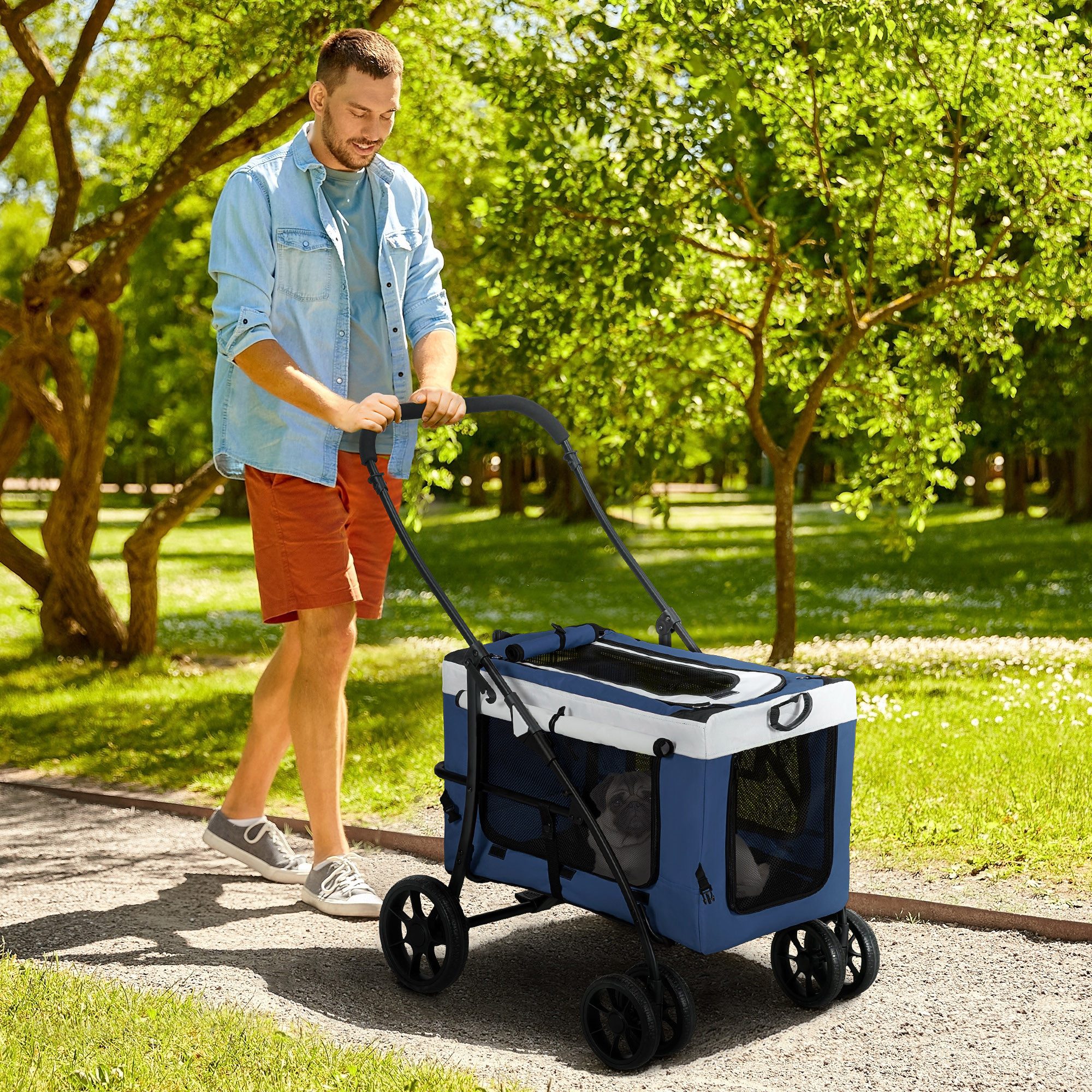 PawHut Hundebuggy Hundewagen Katzenbuggy klappbar mit Kissen Netzfenstern Türen, (1-tlg), Oxford, Blau 81 x 58 x 97,5 cm
