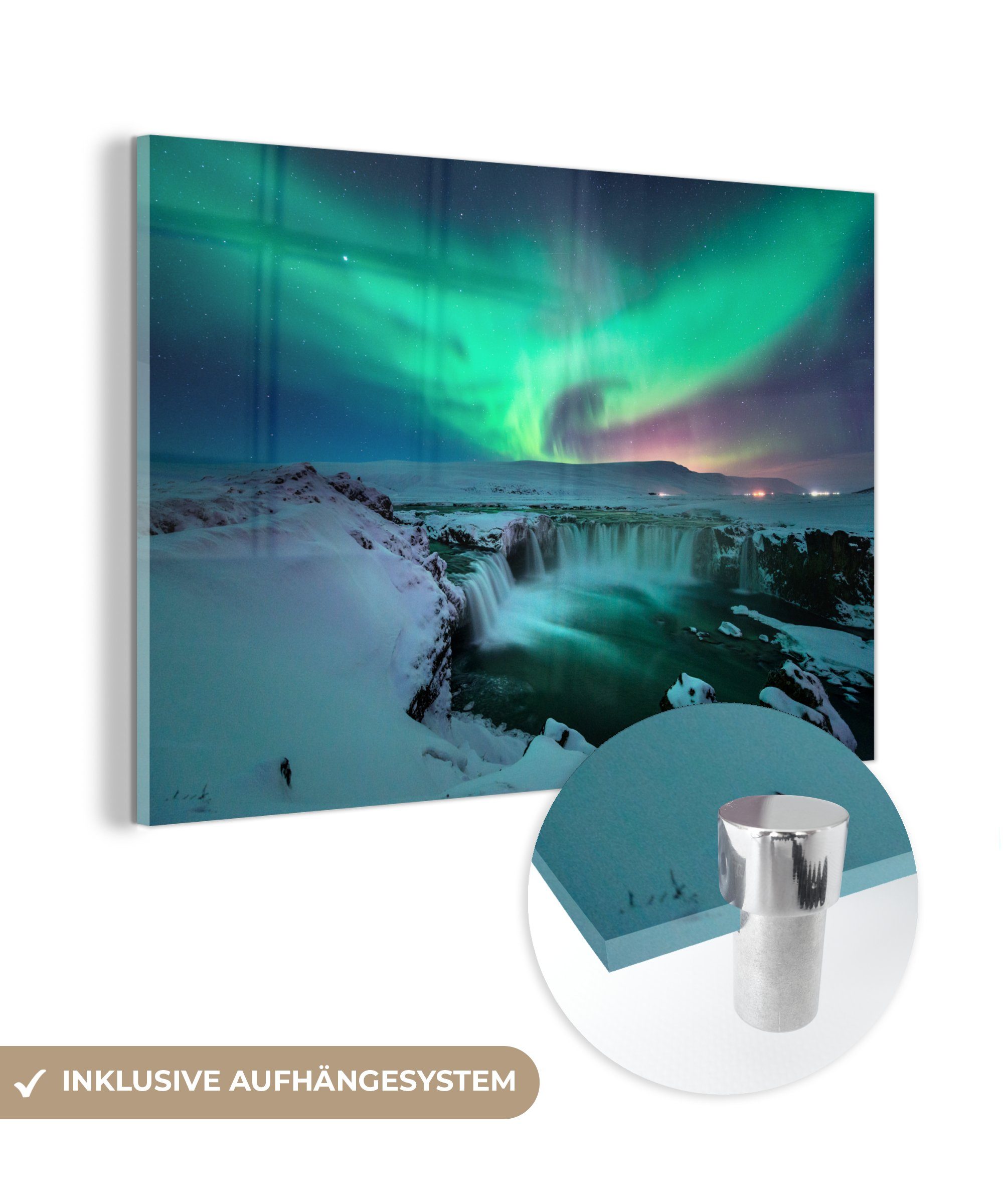 MuchoWow Acrylglasbild Nordlichter - Schnee - Natur - Island, Inkl. Aufhängung, Glasbilder Wohnzimmer, Schlafzimmer, Flur & Esszimmer, 30x20 cm