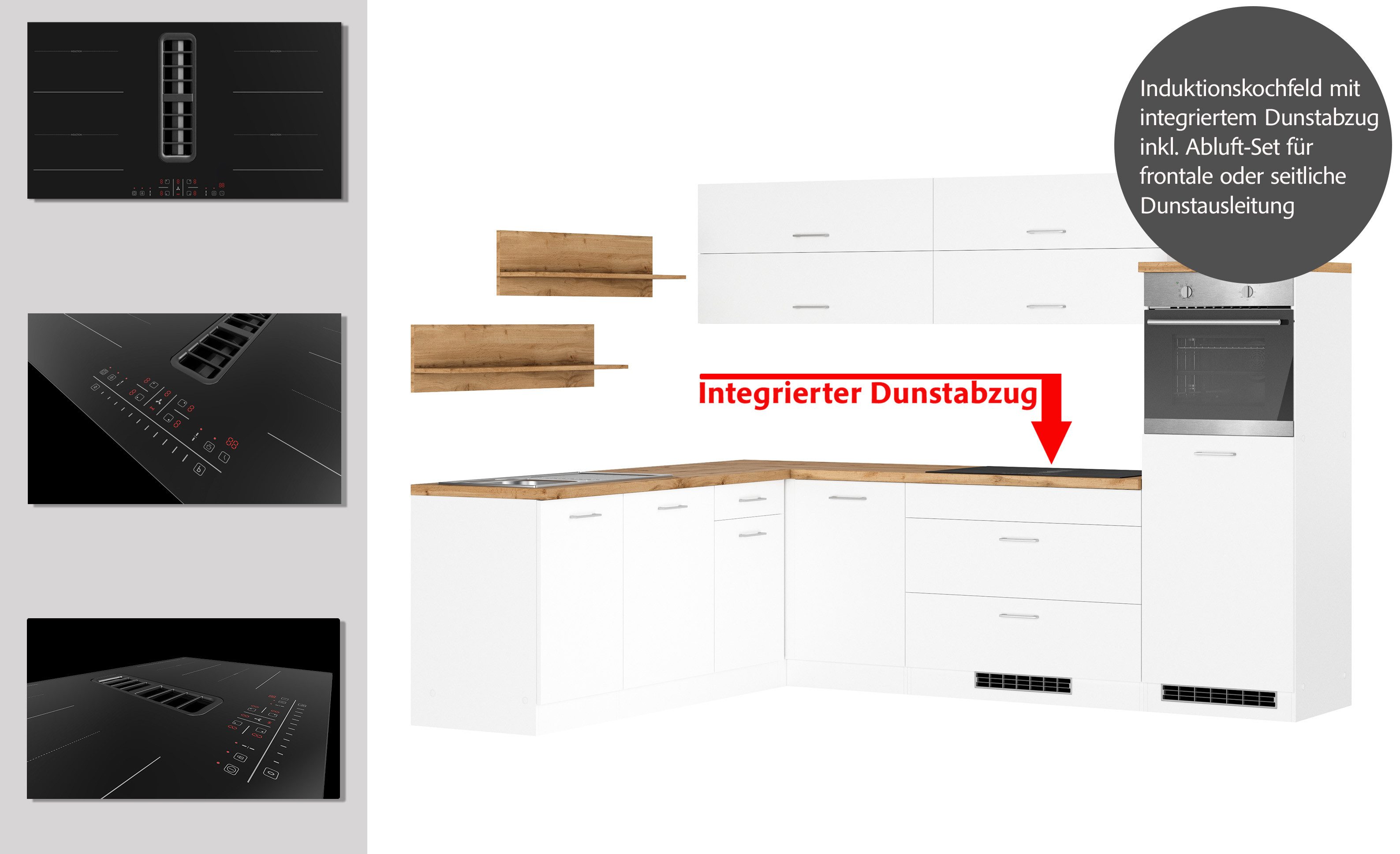 KOCHSTATION Winkelküche KS-Milan, optional mit Muldenlüfter, Stellbr.270/220 cm, wahlweise mit E-Geräten, Kochfeld mit Dunstabzug