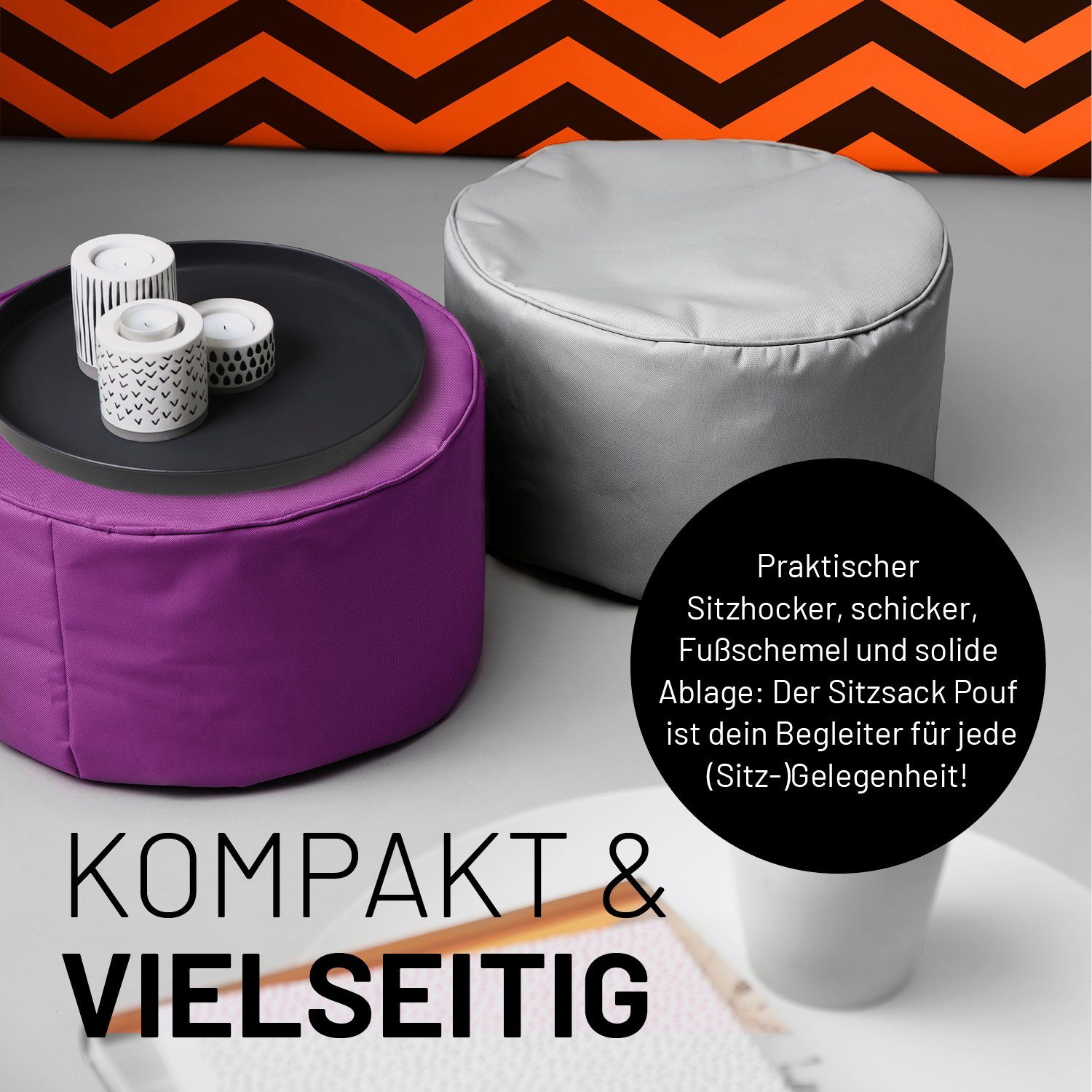 kompakt & 5 & 50L Pouf in- Outdoor, Tisch, 25x45cm Hocker, Lumaland Jahre Sitzsack Fußsack lila Garantie