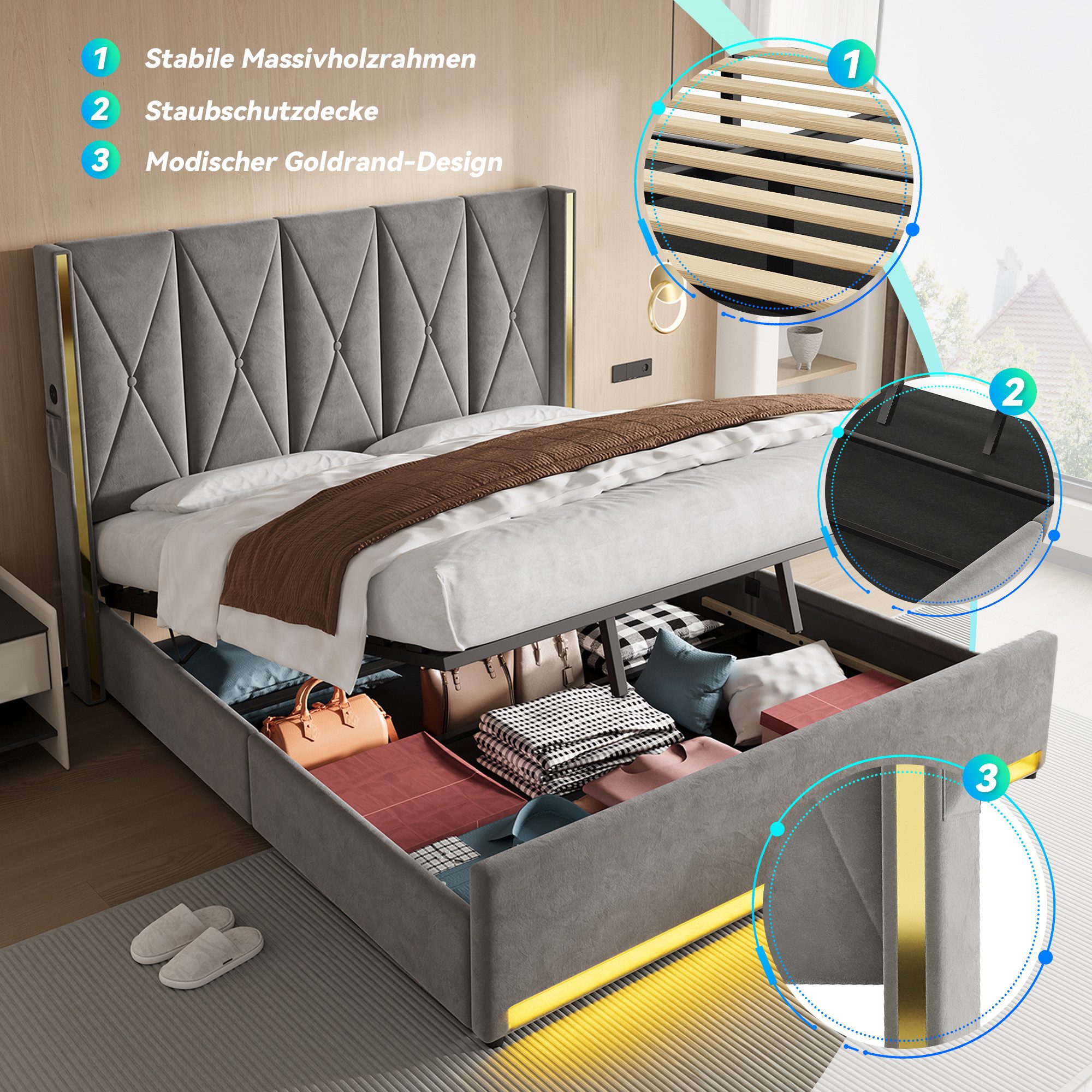 TavilaEcon Boxspringbett Veloursbett mit hohem Kopfteil, Seitentaschen & USB (1-St), mit hydraulischem Hebelsystem & großem Unterbett-Stauraum, grau/beige – Bild 5 von 5