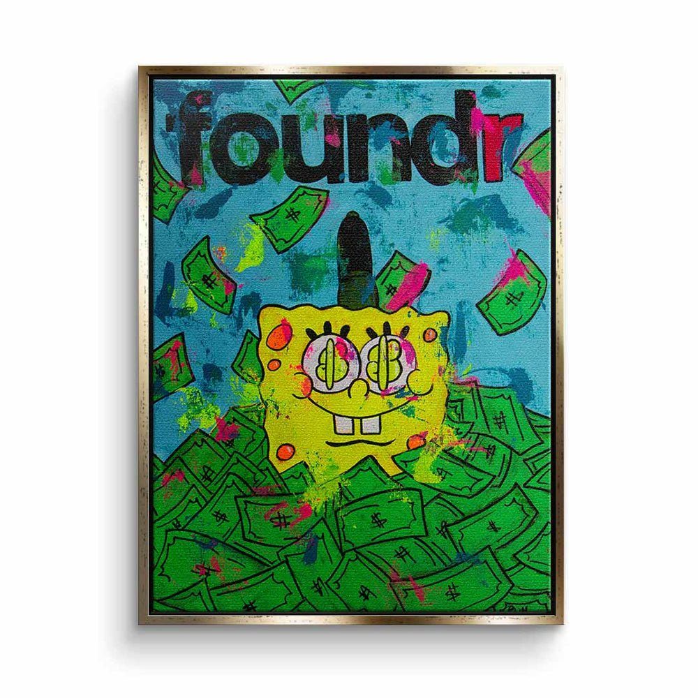 DOTCOMCANVAS® Leinwandbild, Leinwandbild premium Rahmen money goldener blau grün Geld mit Rahmen Spongebob
