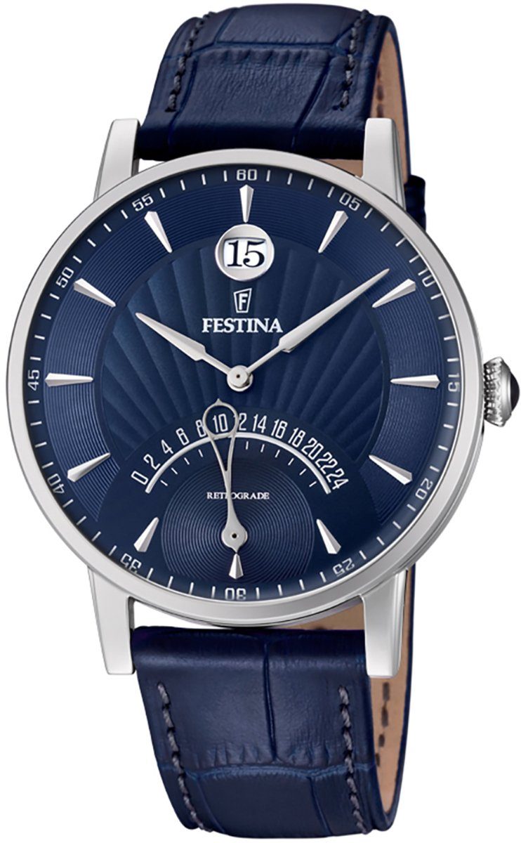 Festina Quarzuhr Armbanduhr blau Festina F16984/3 Analog Leder, Herren Uhr rund, Lederarmband Herren