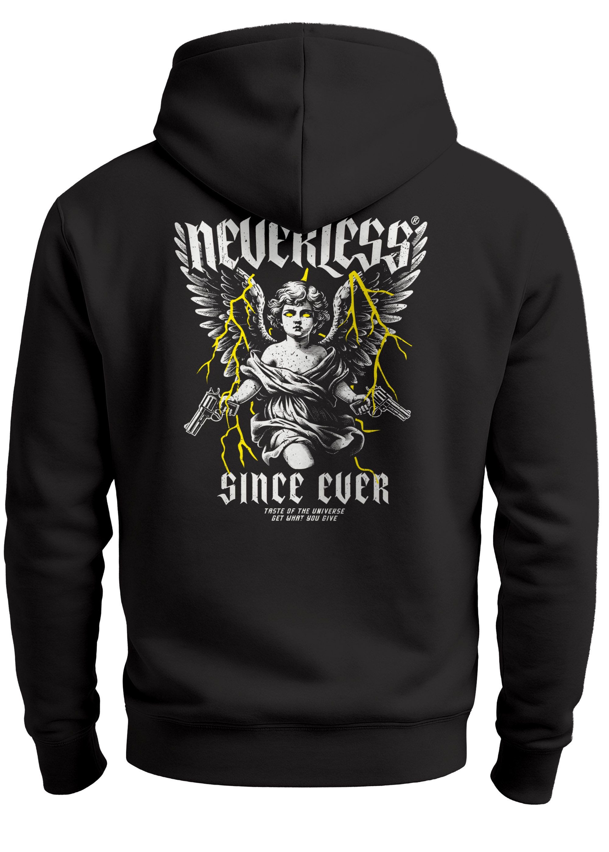 Neverless Hoodie Hoodie Backprint Herren Engel Tattoo Style Schrift Aufdruck