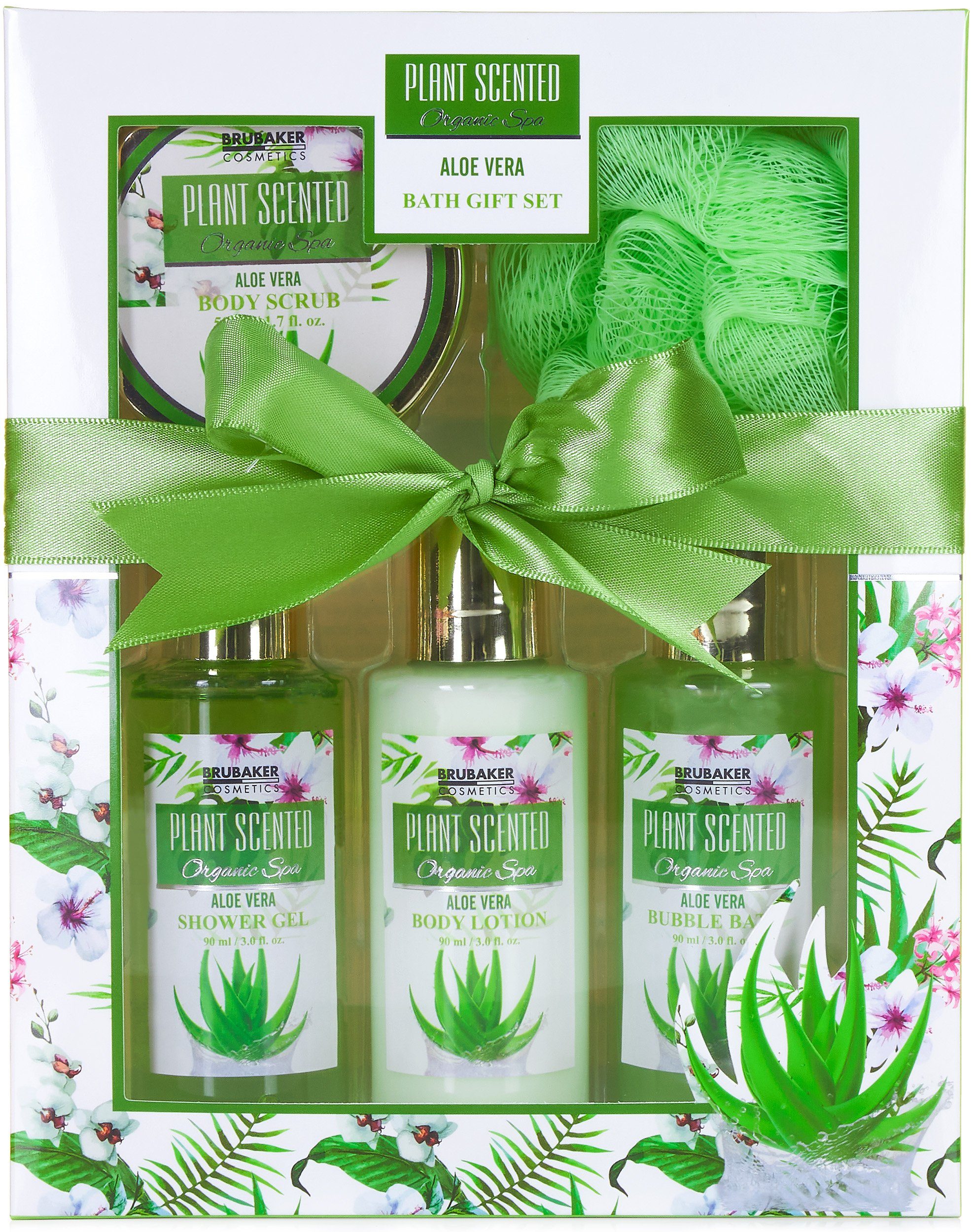 BRUBAKER Hautreinigungs-Set Dusch- und Badeset mit Aloe Vera Duft, Beauty Geschenkset, 5-tlg., Frauen Geschenk Set in Sichtfensterbox, Beauty Pflegeset für Damen