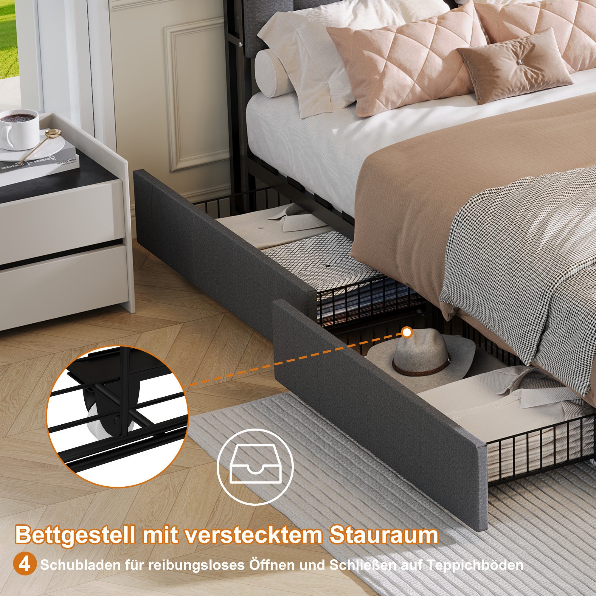 Simurq Einzelbett 90x200 Bettgestell mit Schubladen, Jugendbett, Polsterbett, Kopfteil mit Ablagefach, Mit Lattenrost, USB Port & LED, Graues Leinen
