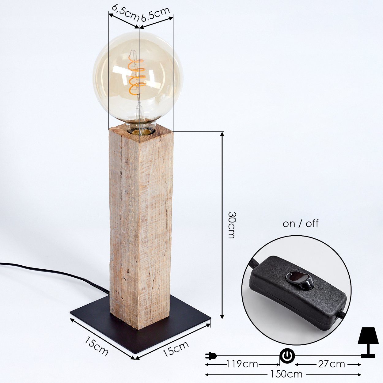 Leuchte Tischleuchte An-/Ausschalter Tischlampe mit Design Leuchtmittel, ohne Modernen im Kabel, 1xE27 am »Colleluccio« aus Metall/Holz hofstein in Schwarz/Natur,