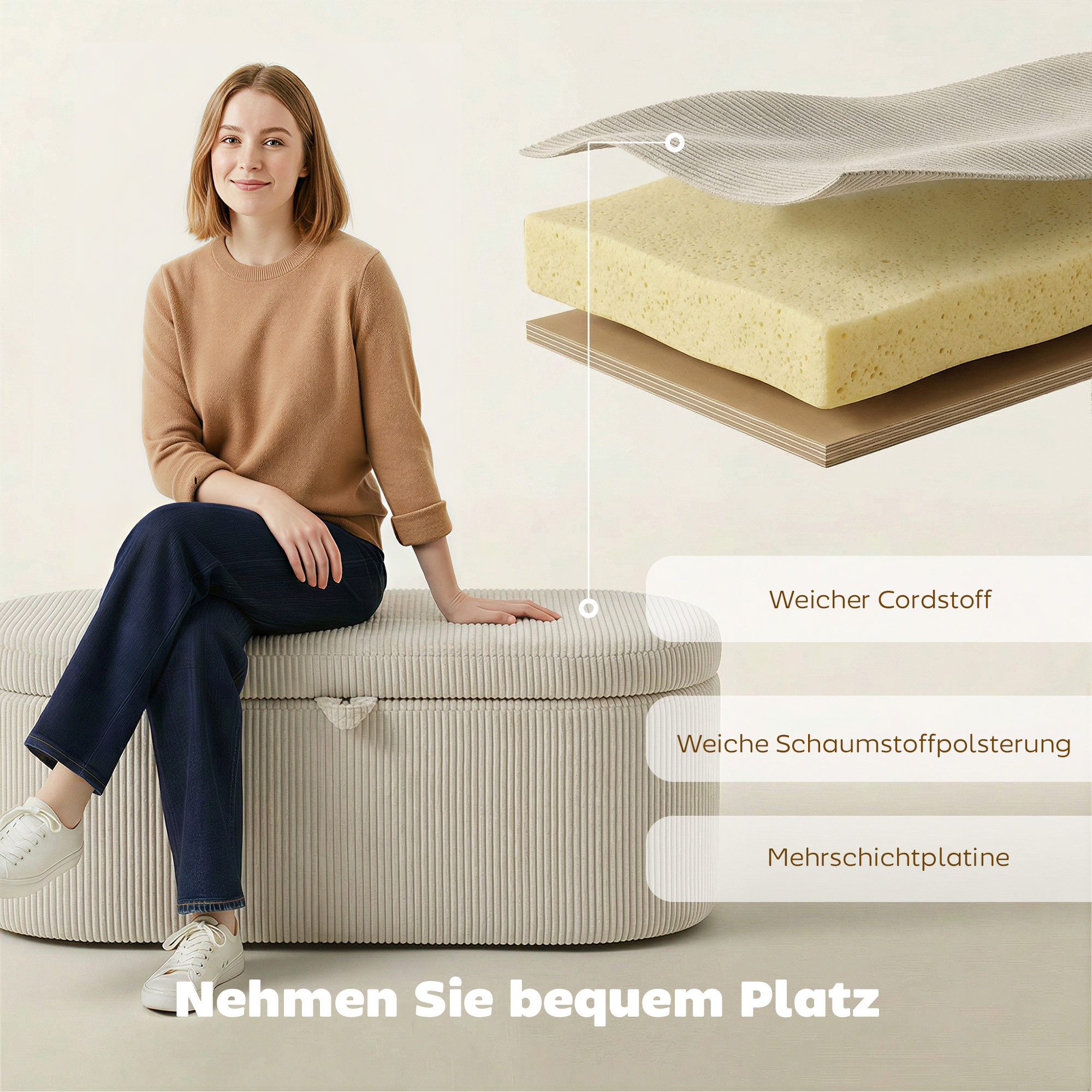 HOMCOM Sitzbank Polsterbank mit Holzrahmen, Doppelscharniere, Beige (Sitztruhe, 1-St., Bank bis 200 kg), Cord-Bezug, Stauraum, gepolstert – Bild 5 von 5