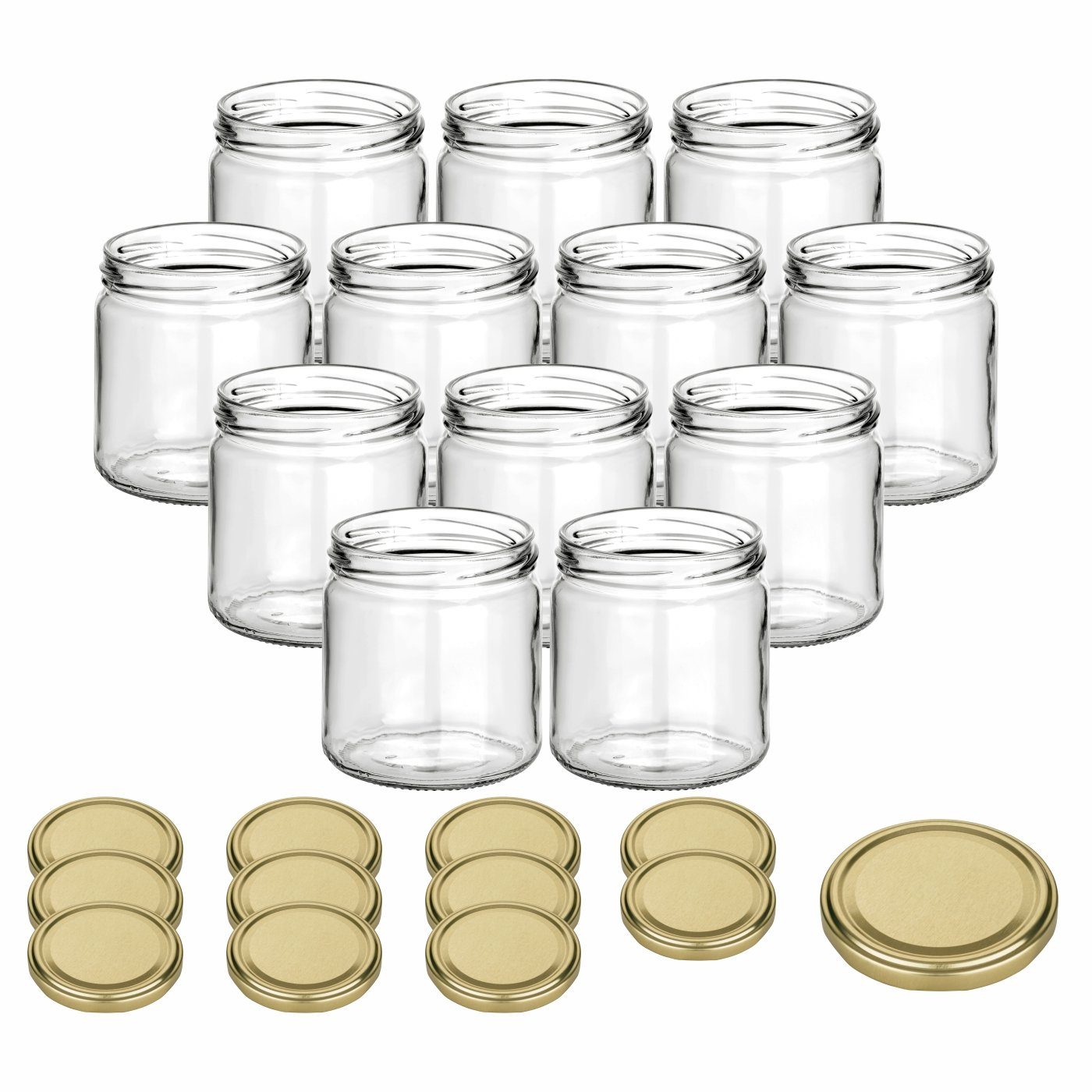 gouveo Honigglas 500g mit Schraub-Deckel - Leere Vorratsgläser 405 ml für Honig, Metall TO82 goldfarben, (12-tlg) | Honiggläser