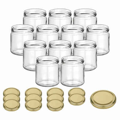 gouveo Honigglas 500g mit Schraub-Deckel - Leere Vorratsgläser 405 ml für Honig, Metall TO82 goldfarben, (12-tlg)
