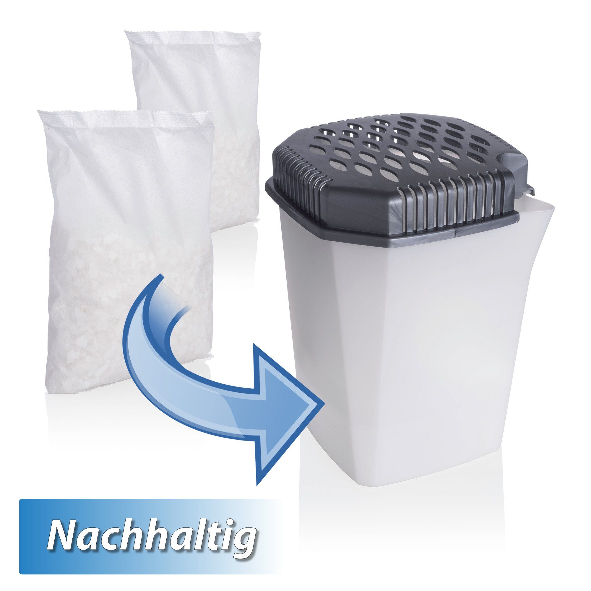 Bestlivings Granulat-Luftentfeuchter mit Ausgießfunktion, für 55 m³ Räume, Tank 0,50 l, Raumentfeuchter inkl. Granulat, wiederverwendbar