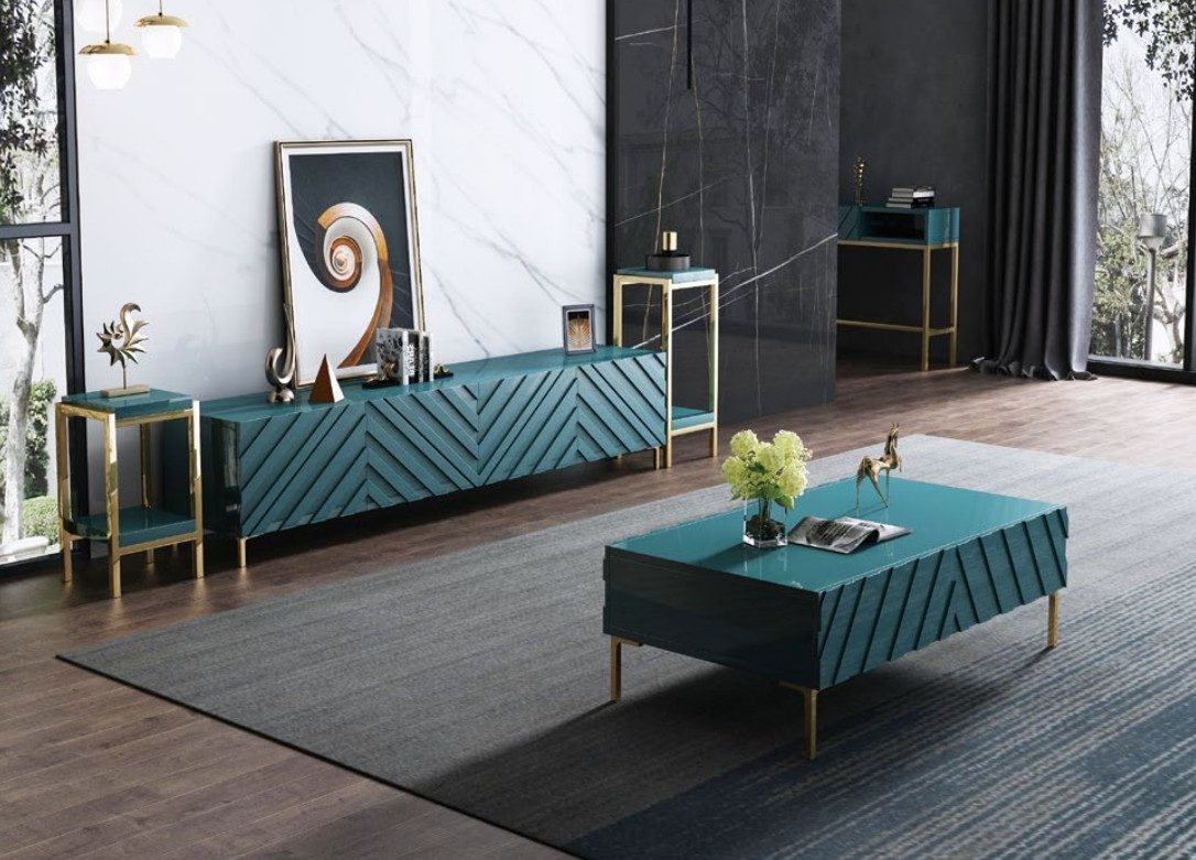 JVmoebel Wohnzimmer-Set Türkises Metall-Sideboard mit Holz- und Edelstahl-Elementen, (Sideboard / 2x Konsolentische / Couchtisch), Made in Europa